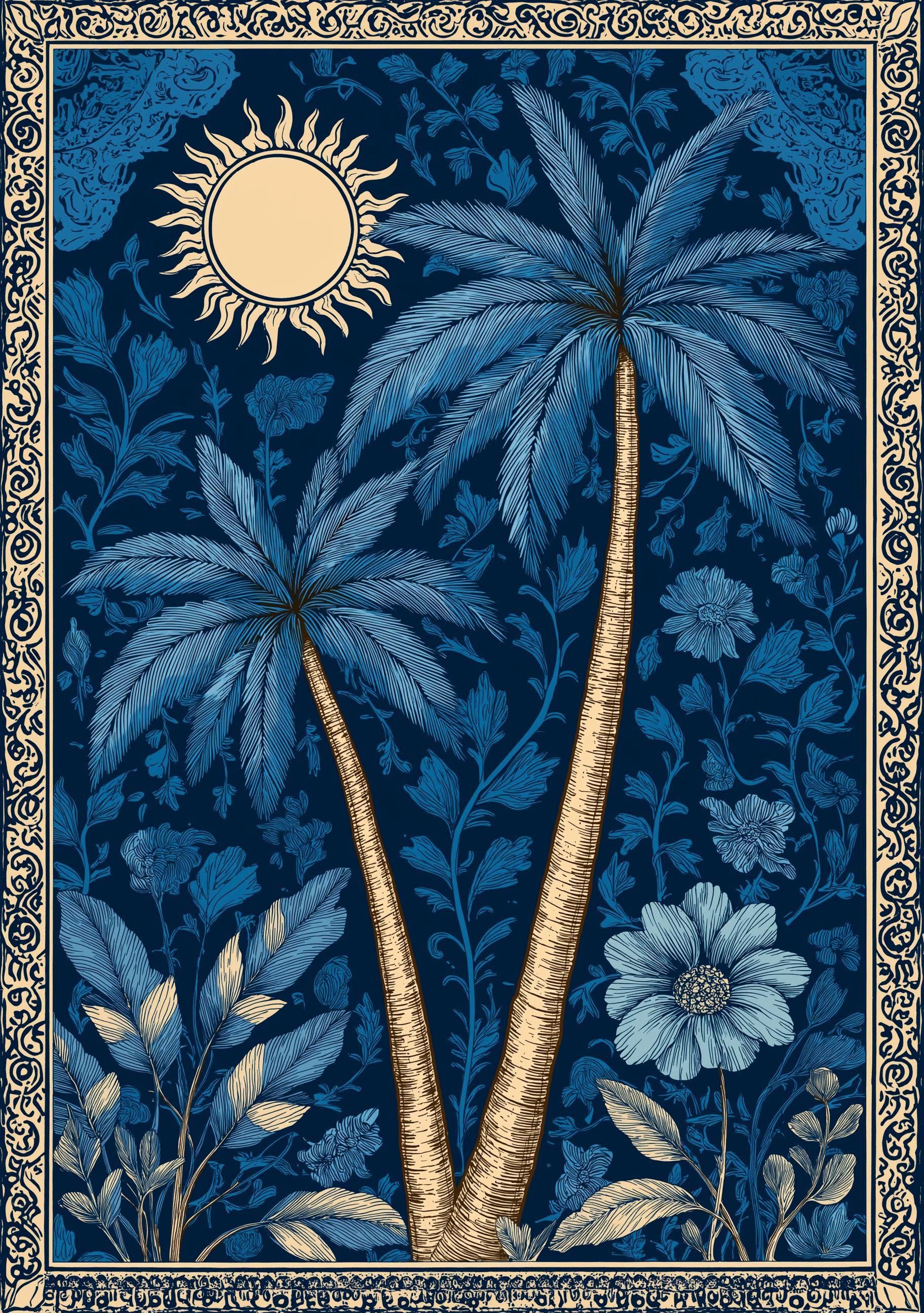 Palm Tree Sun Tropical Celestial Art Nouveau Botanical Wall Art by The Wall Art Studio