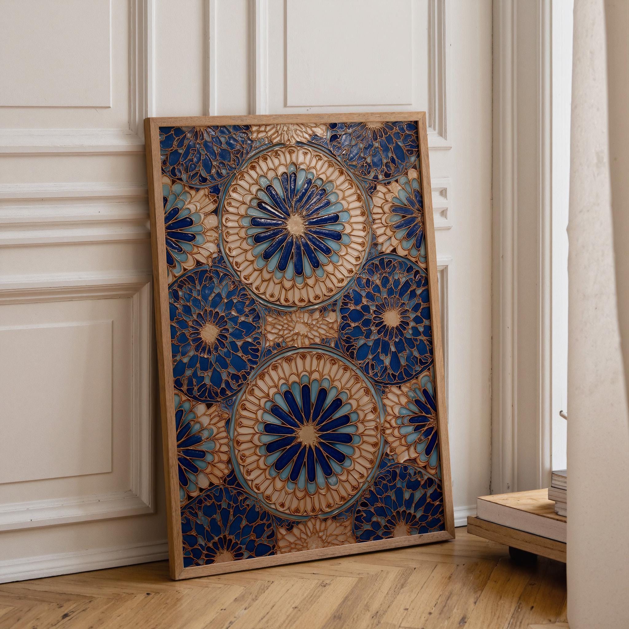 Blue Moroccan Tile Wall Art Print, Geometric Pattern Poster, Mediterranean Decor, Boho Coastal Blue Artwork (Framed Option)