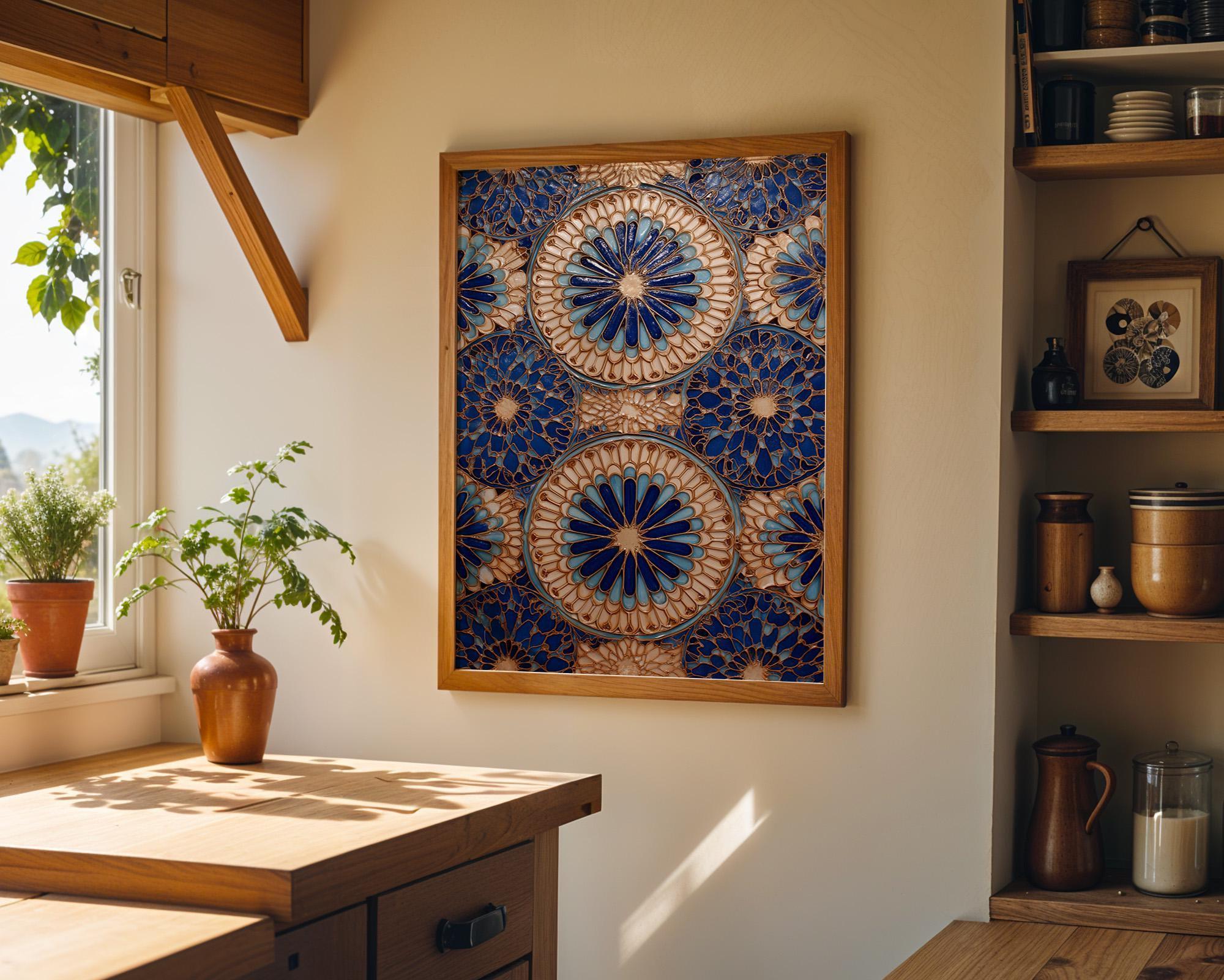 Blue Moroccan Tile Wall Art Print, Geometric Pattern Poster, Mediterranean Decor, Boho Coastal Blue Artwork (Framed Option)