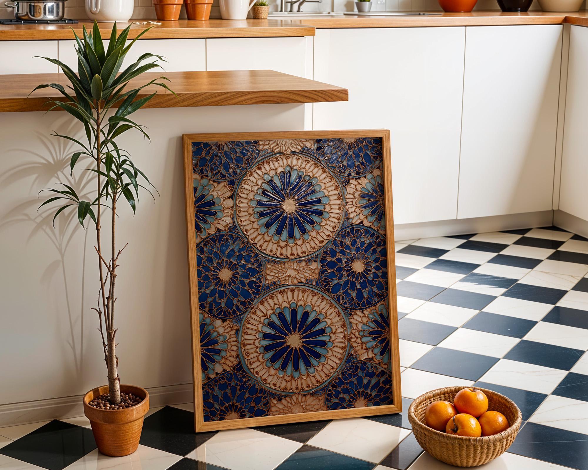 Blue Moroccan Tile Wall Art Print, Geometric Pattern Poster, Mediterranean Decor, Boho Coastal Blue Artwork (Framed Option)