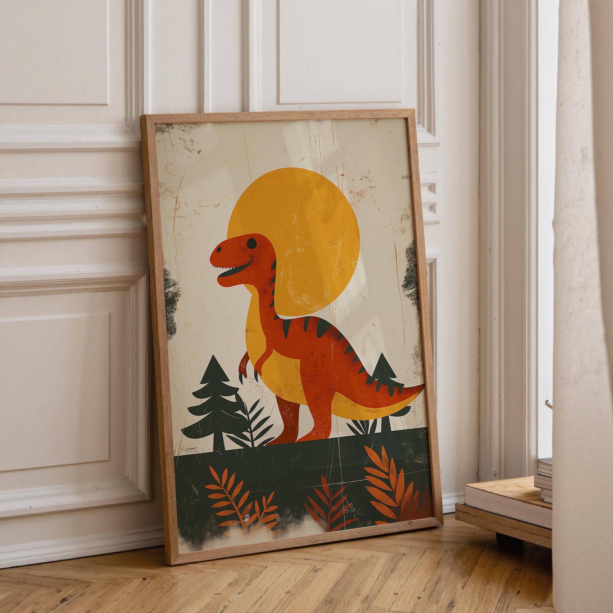 Retro Dinosaur Neutral Nursery Dino Scandinavian Kids Wall Art by The Wall Art Studio