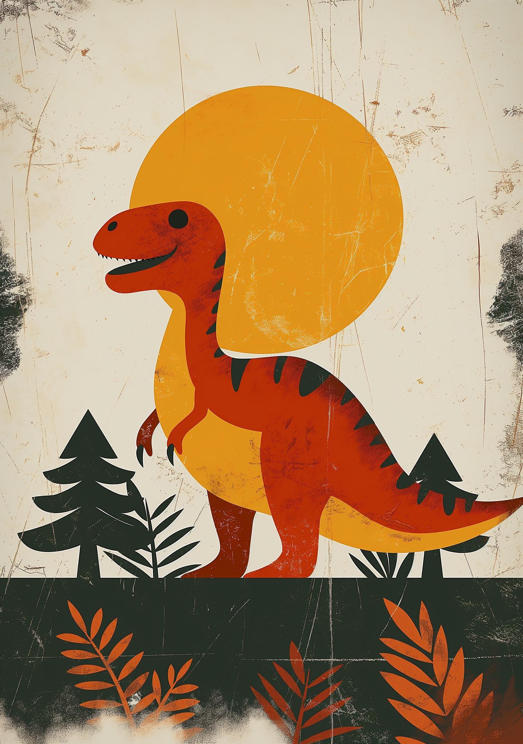 Retro Dinosaur Neutral Nursery Dino Scandinavian Kids Wall Art by The Wall Art Studio
