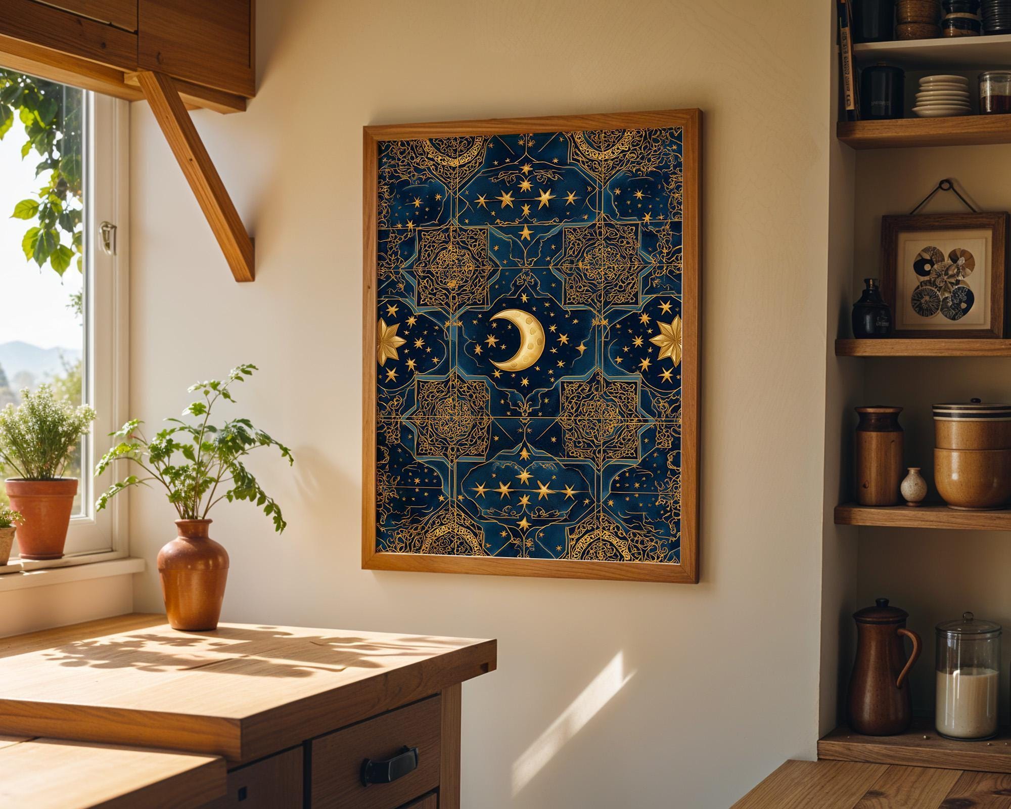 Islamic Star Moon Blue & Gold Arabic Pattern Wall Art by The Wall Art Studio