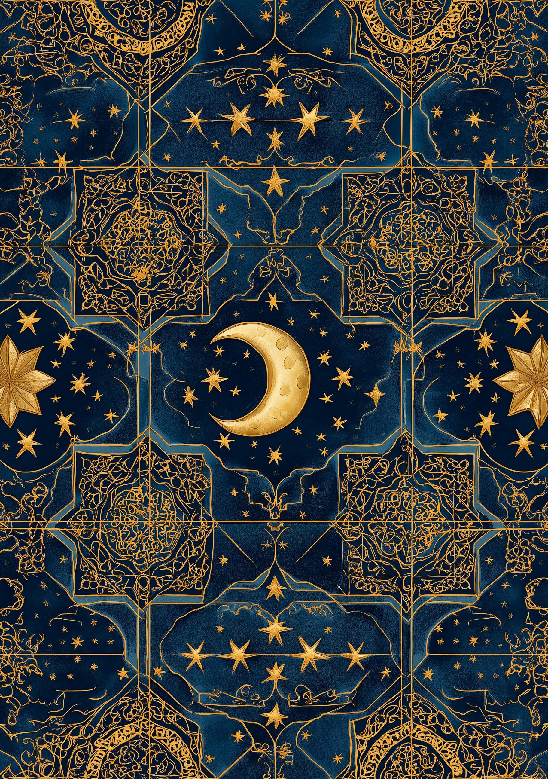 Islamic Star Moon Blue & Gold Arabic Pattern Wall Art by The Wall Art Studio