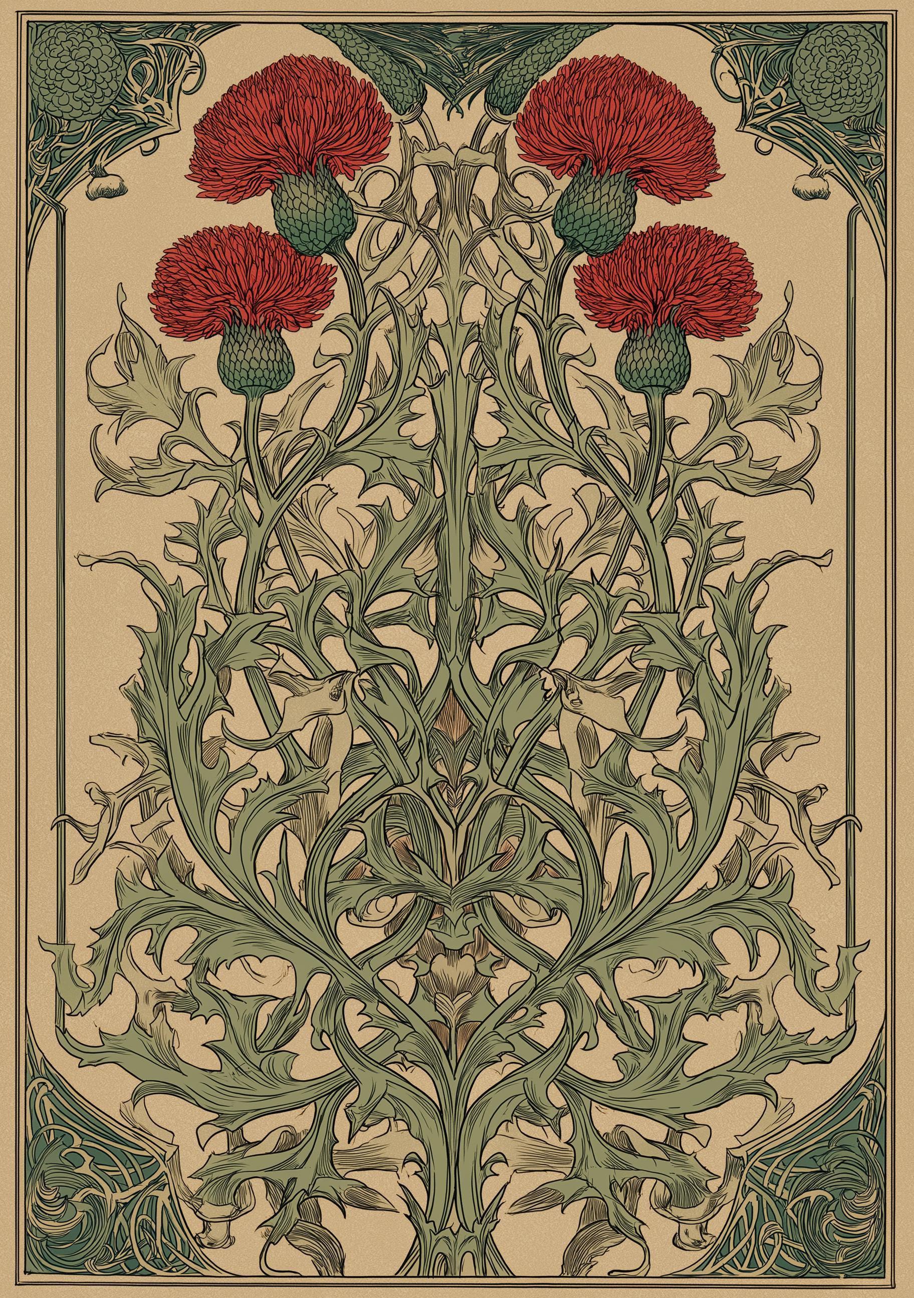 Art Nouveau Thistle Botanical William Morris Style Floral  Vintage Botanical Wall Art