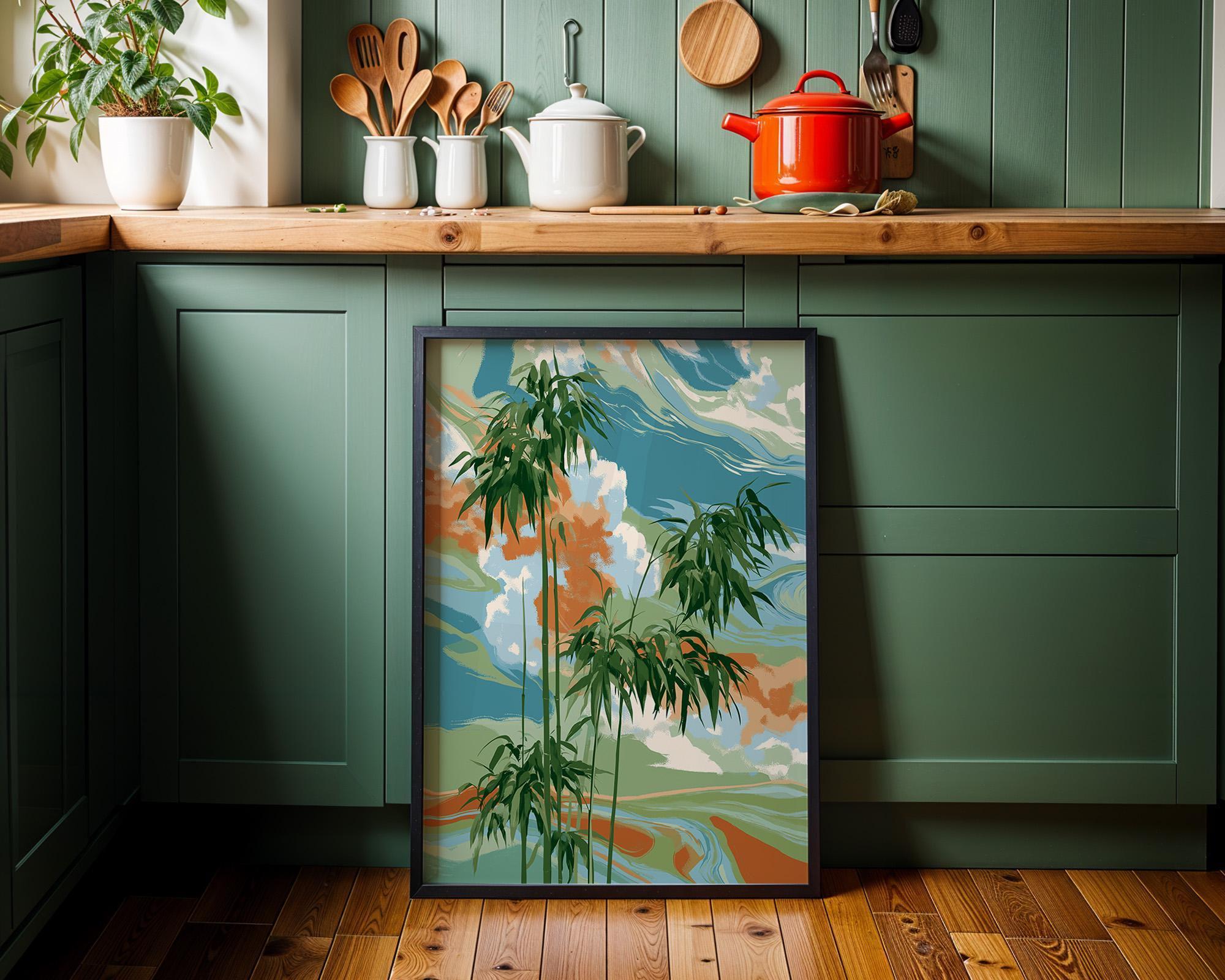 Abstract Bamboo Wall Art, Modern Botanical Japandi Poster, Zen Green Plant Decor (Framed Option)