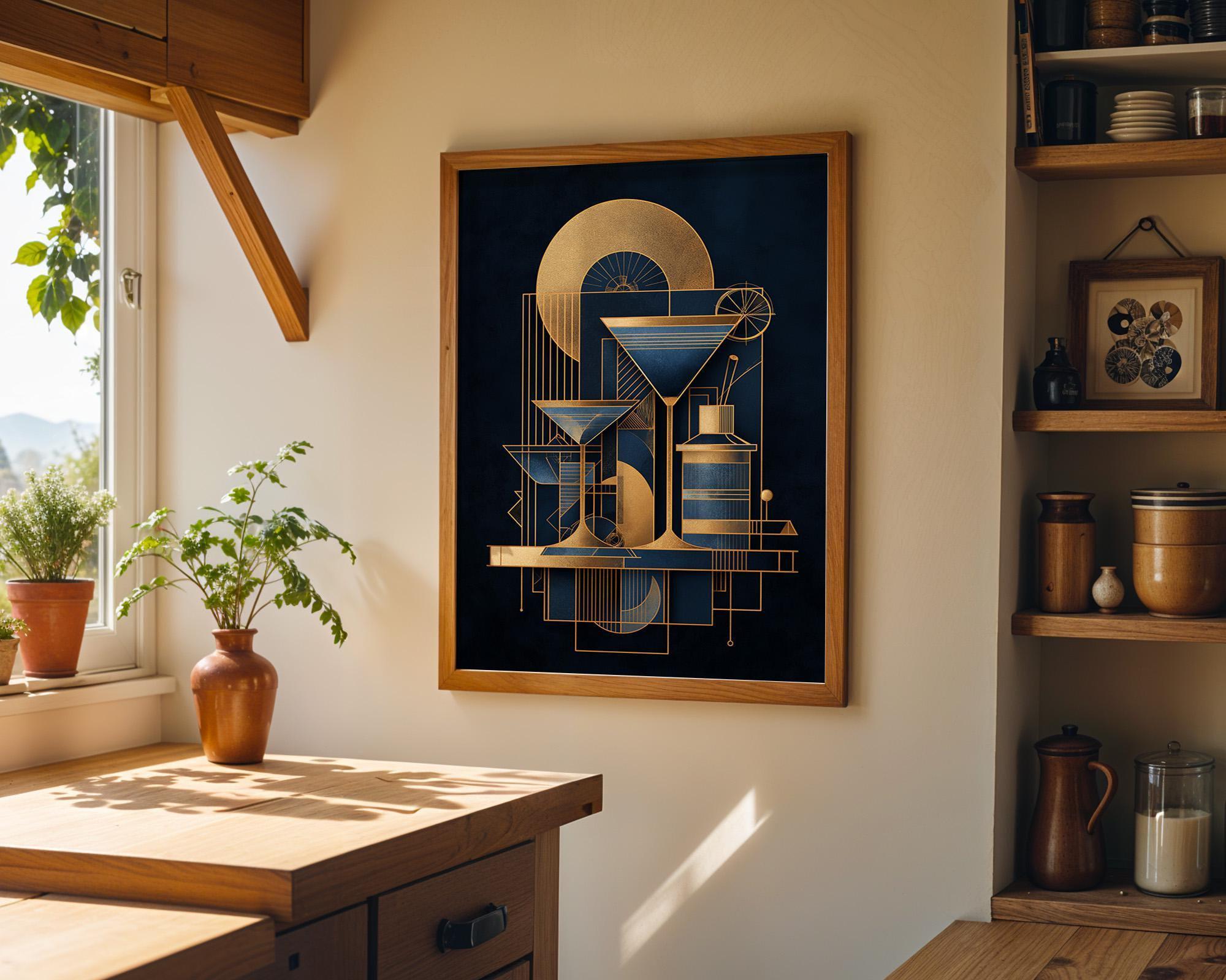 Blue and Gold Art Deco Minimalist Martini Cocktail Wall Art by The Wall Art Studio