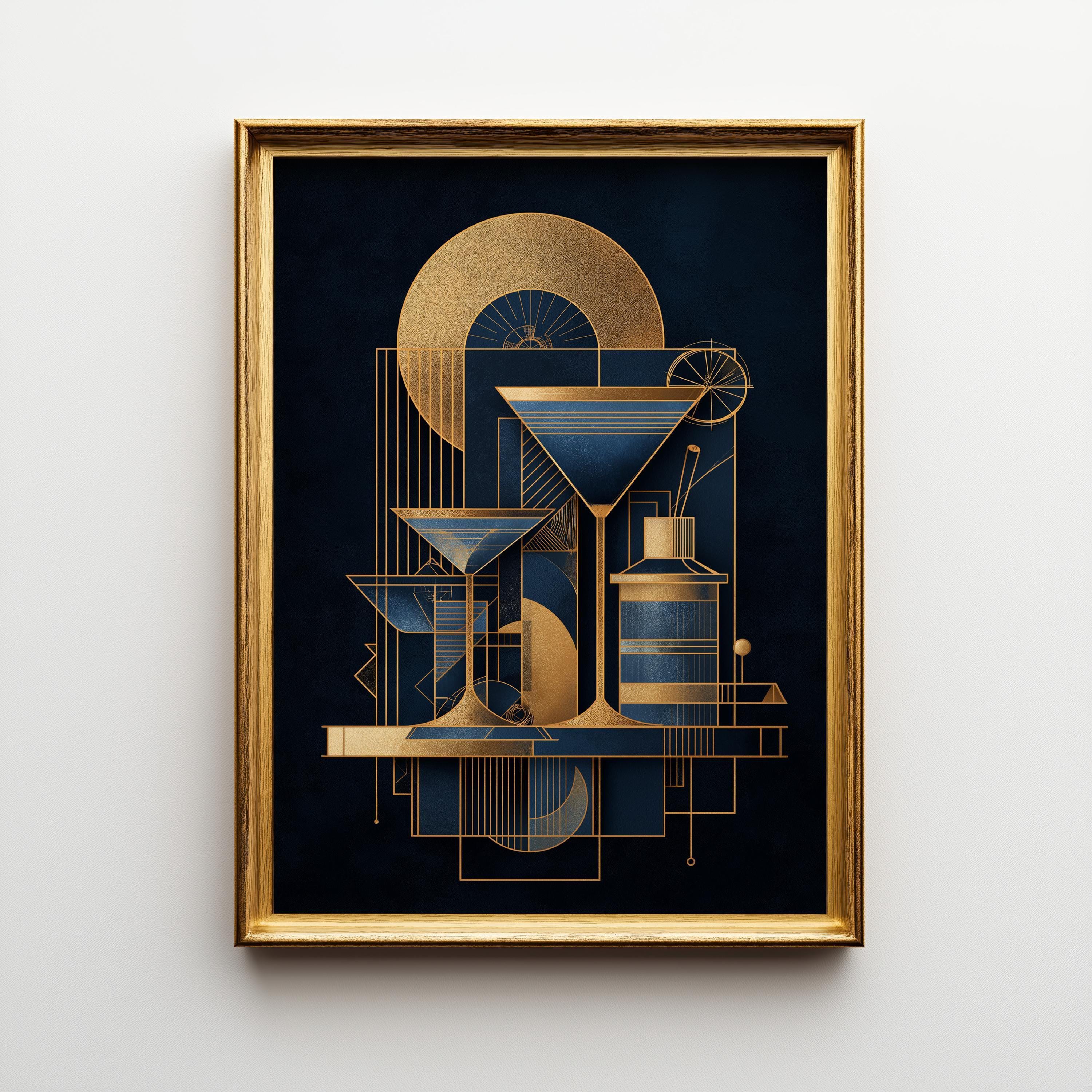 Blue and Gold Art Deco Minimalist Martini Cocktail Wall Art by The Wall Art Studio