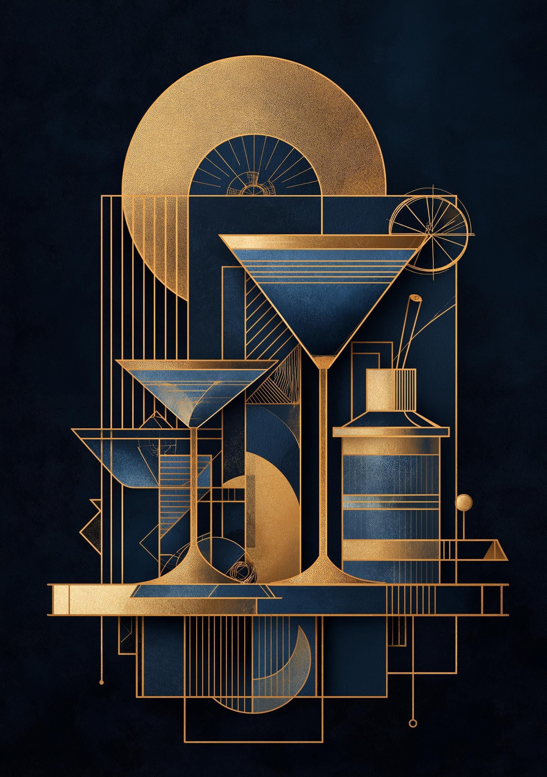 Blue and Gold Art Deco Minimalist Martini Cocktail Wall Art by The Wall Art Studio
