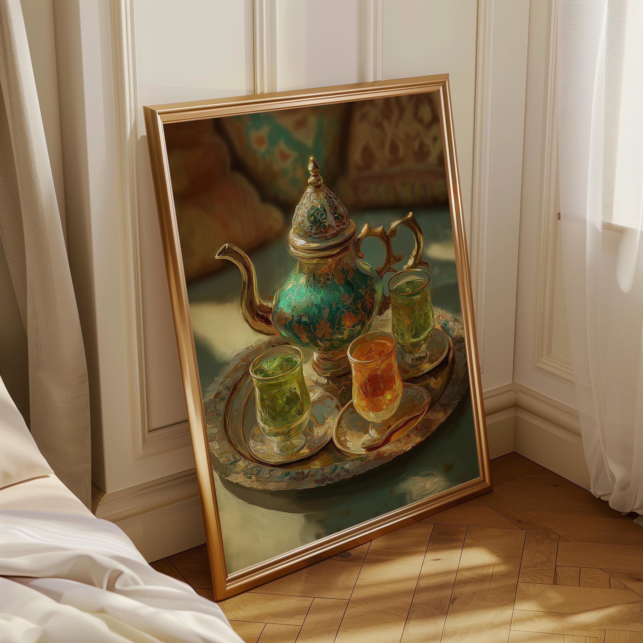 Moroccan Mint Tea Set Still Life Boho Kitchen Wall Art by The Wall Art Studio