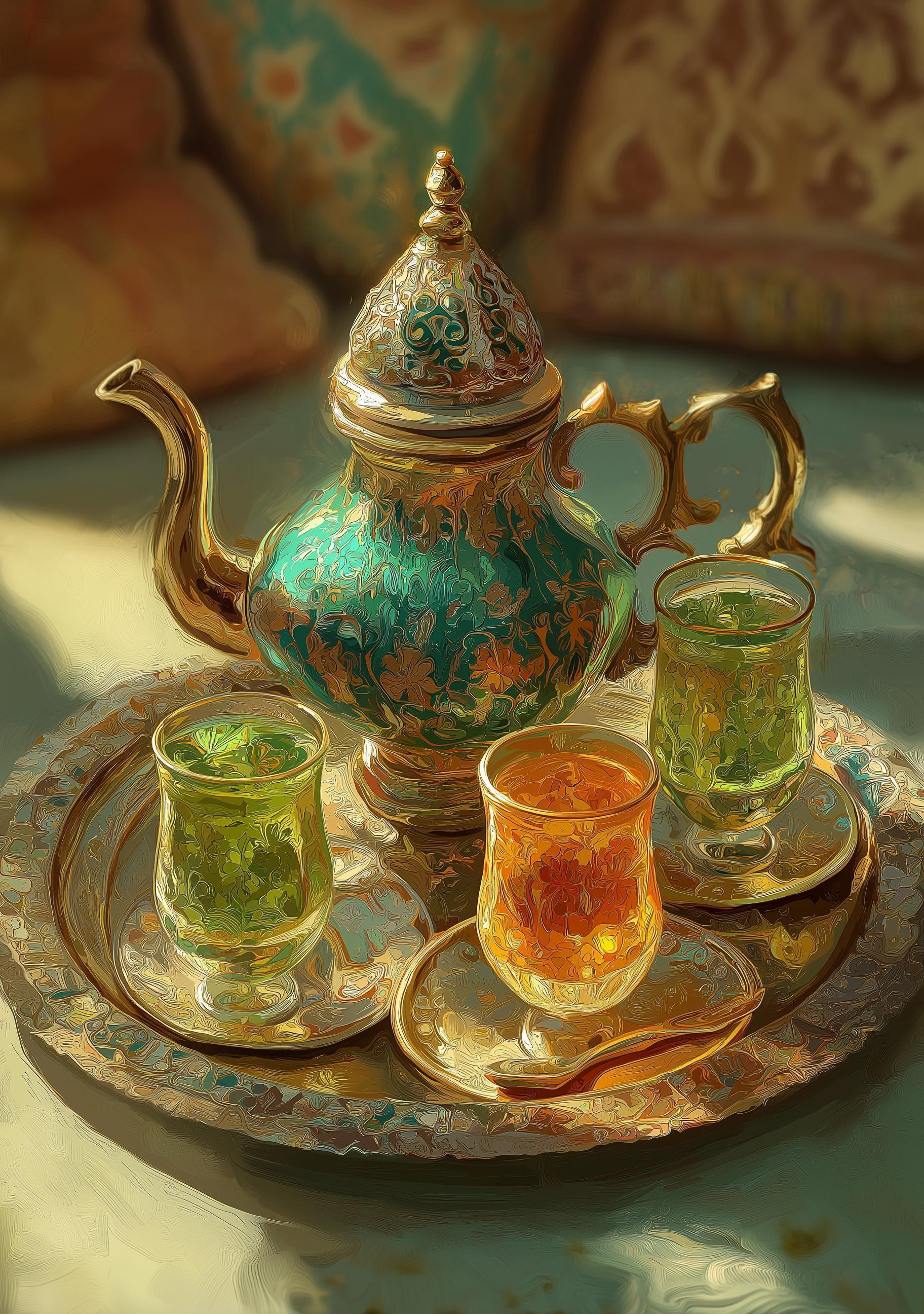 Moroccan Mint Tea Set Still Life Boho Kitchen Wall Art by The Wall Art Studio