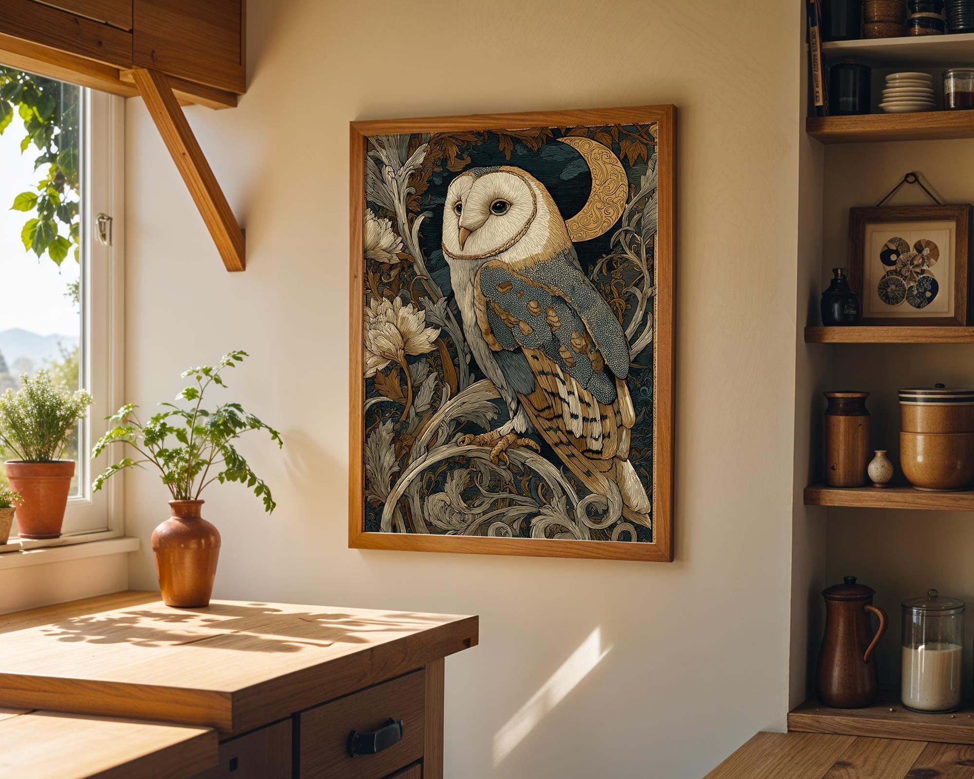 Art Nouveau Barn Owl Botanical William Morris Style Wall Art