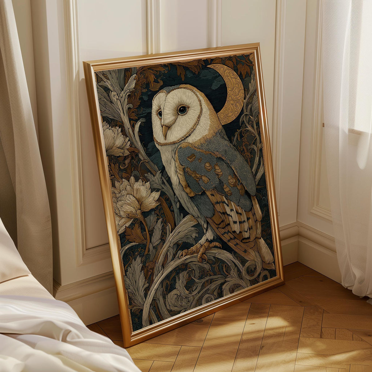 Art Nouveau Barn Owl Botanical William Morris Style Wall Art