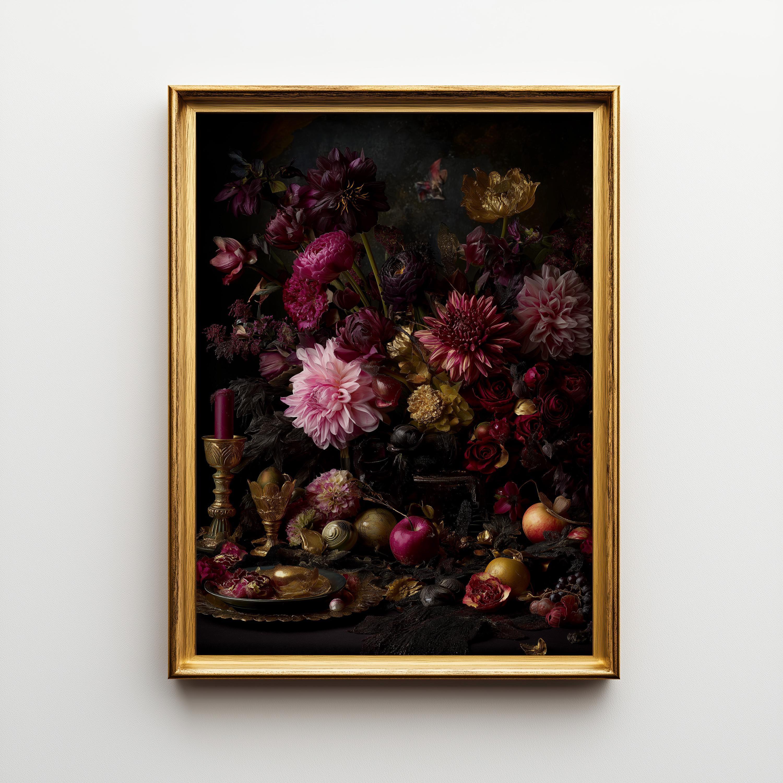 Dark Floral Still Life Dutch Masters Style Gothic Antique Wall Art by The Wall Art Studio