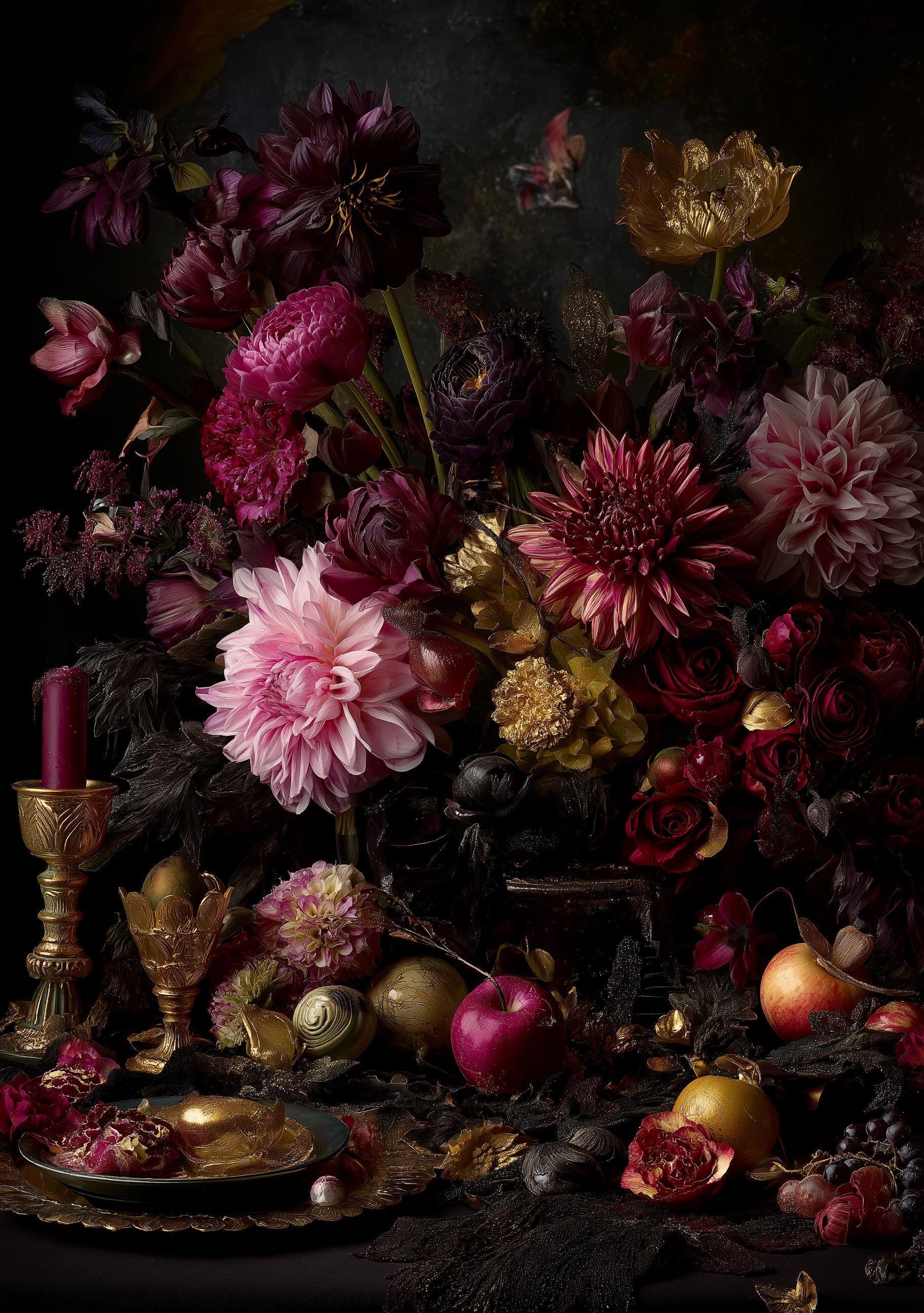 Dark Floral Still Life Dutch Masters Style Gothic Antique Wall Art by The Wall Art Studio