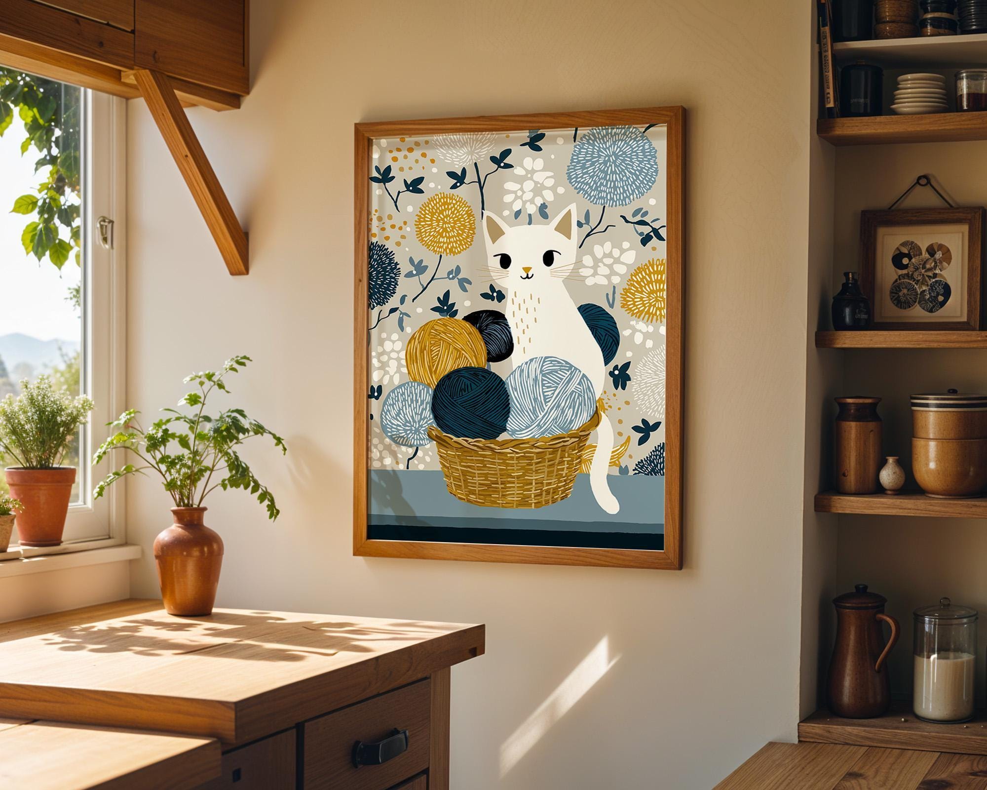 Cat Yarn Basket Knitting Cat Cozy Nursery Wall Art by The Wall Art Studio