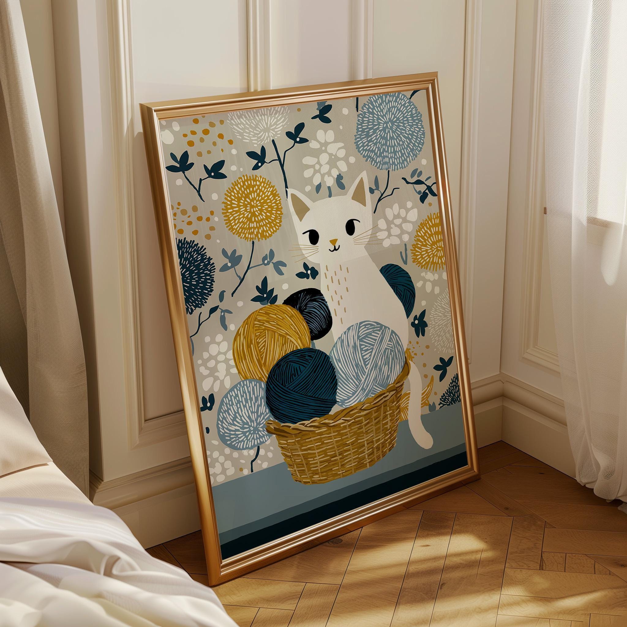 Cat Yarn Basket Knitting Cat Cozy Nursery Wall Art by The Wall Art Studio