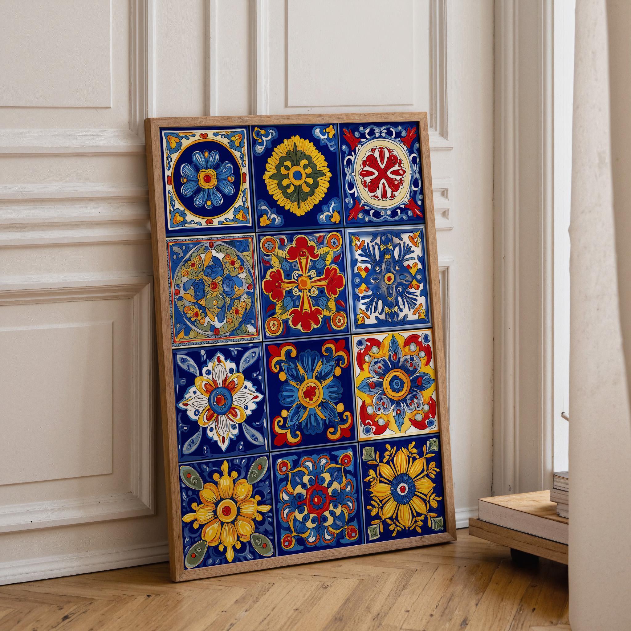 Talavera Tile Mexican Floral Pattern Colourful Folk Wall Art by The Wall Art Studio
