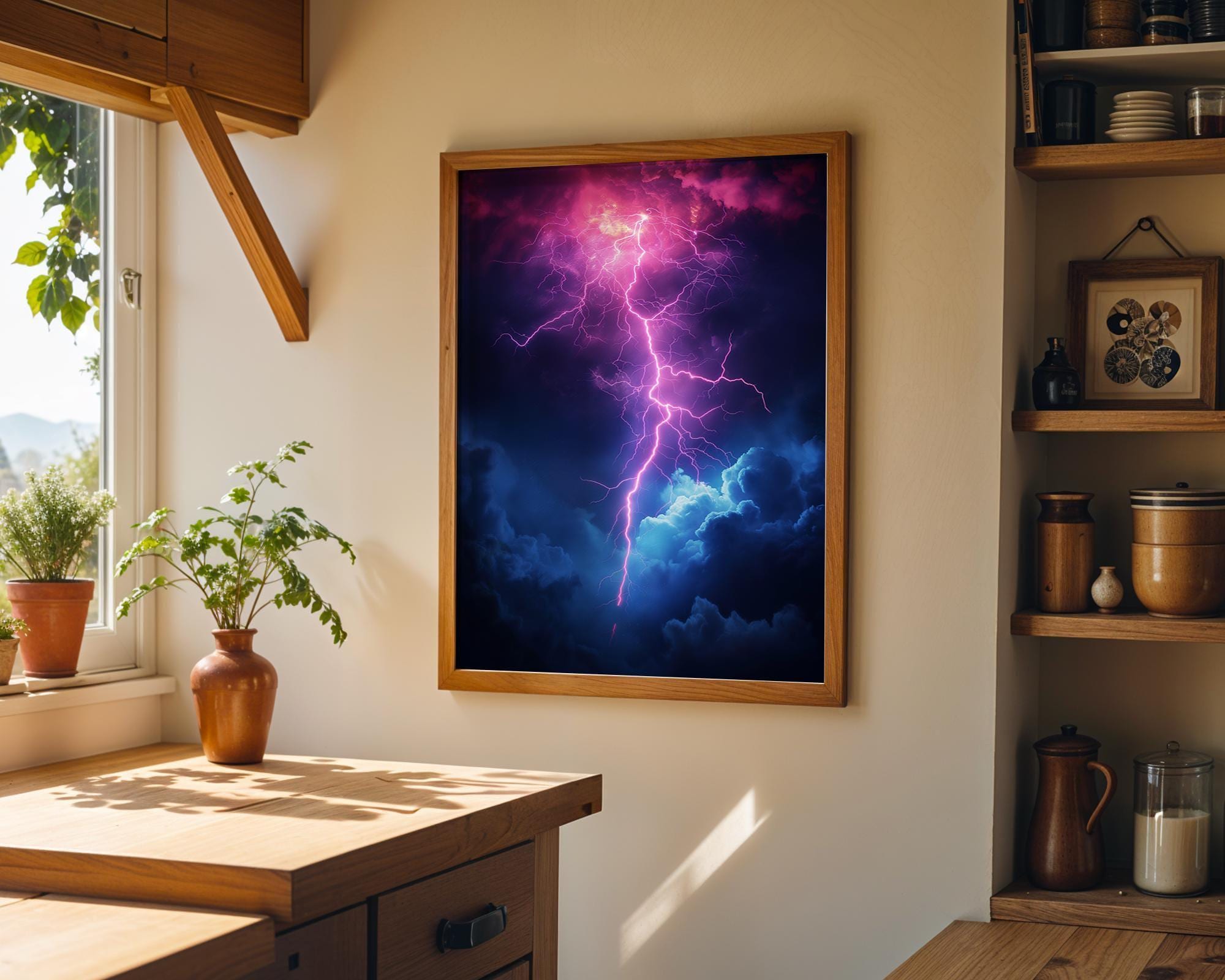 1980s Neon Lightning Retro Synthwave Storm Wall Art by The Wall Art Studio