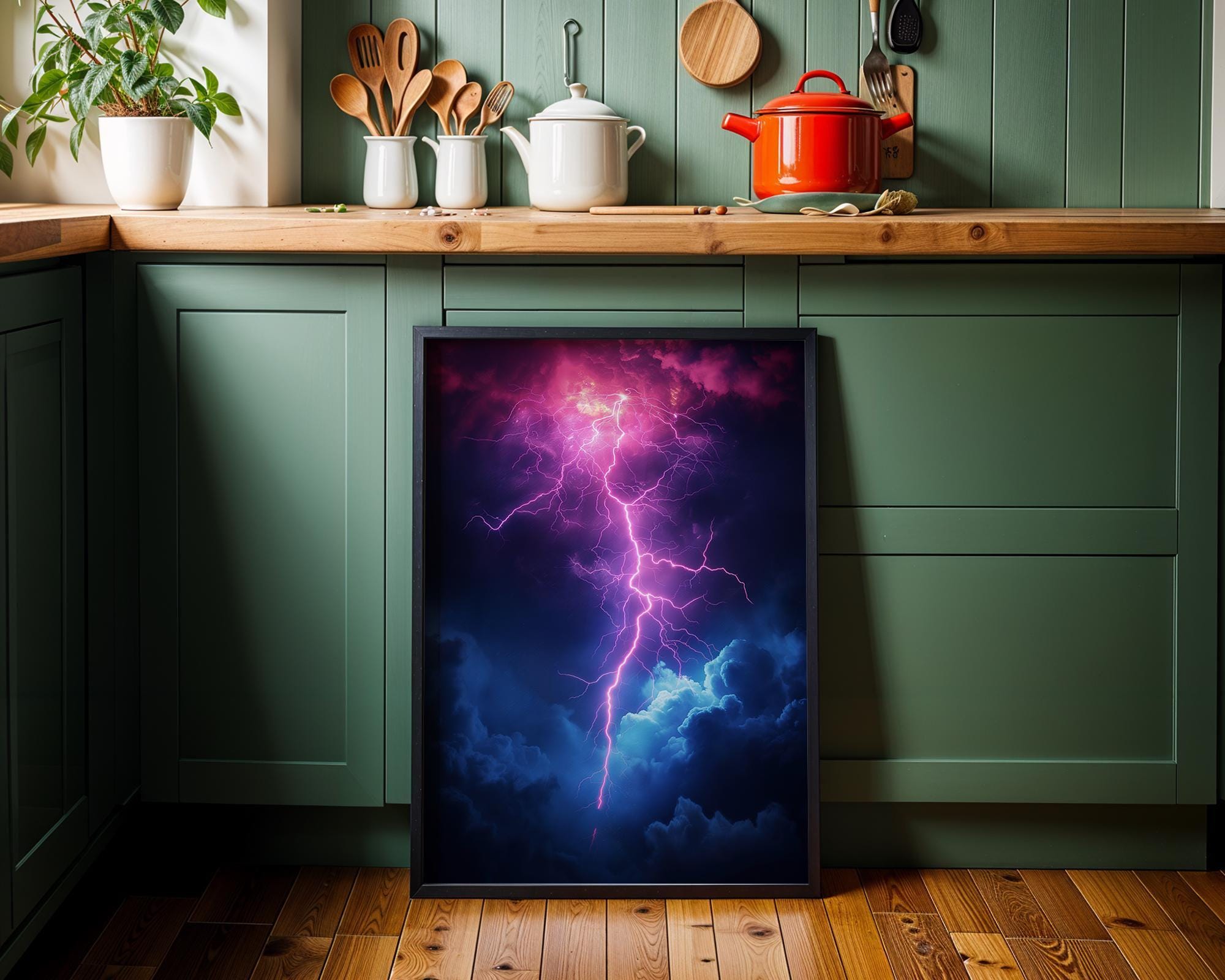 1980s Neon Lightning Retro Synthwave Storm Wall Art by The Wall Art Studio