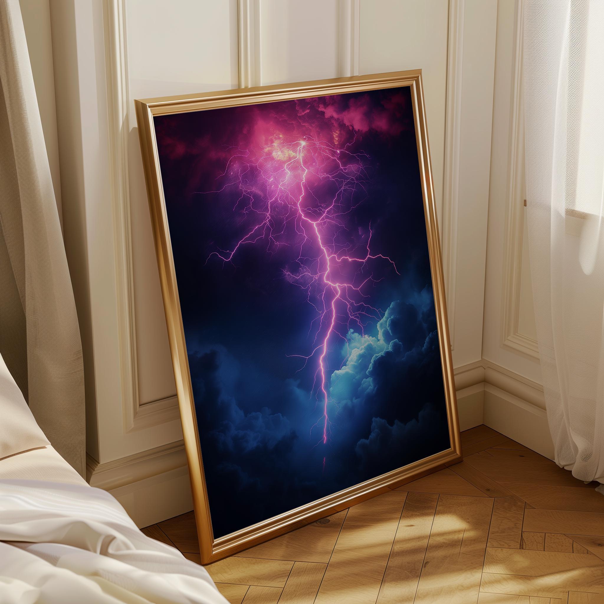 1980s Neon Lightning Retro Synthwave Storm Wall Art by The Wall Art Studio