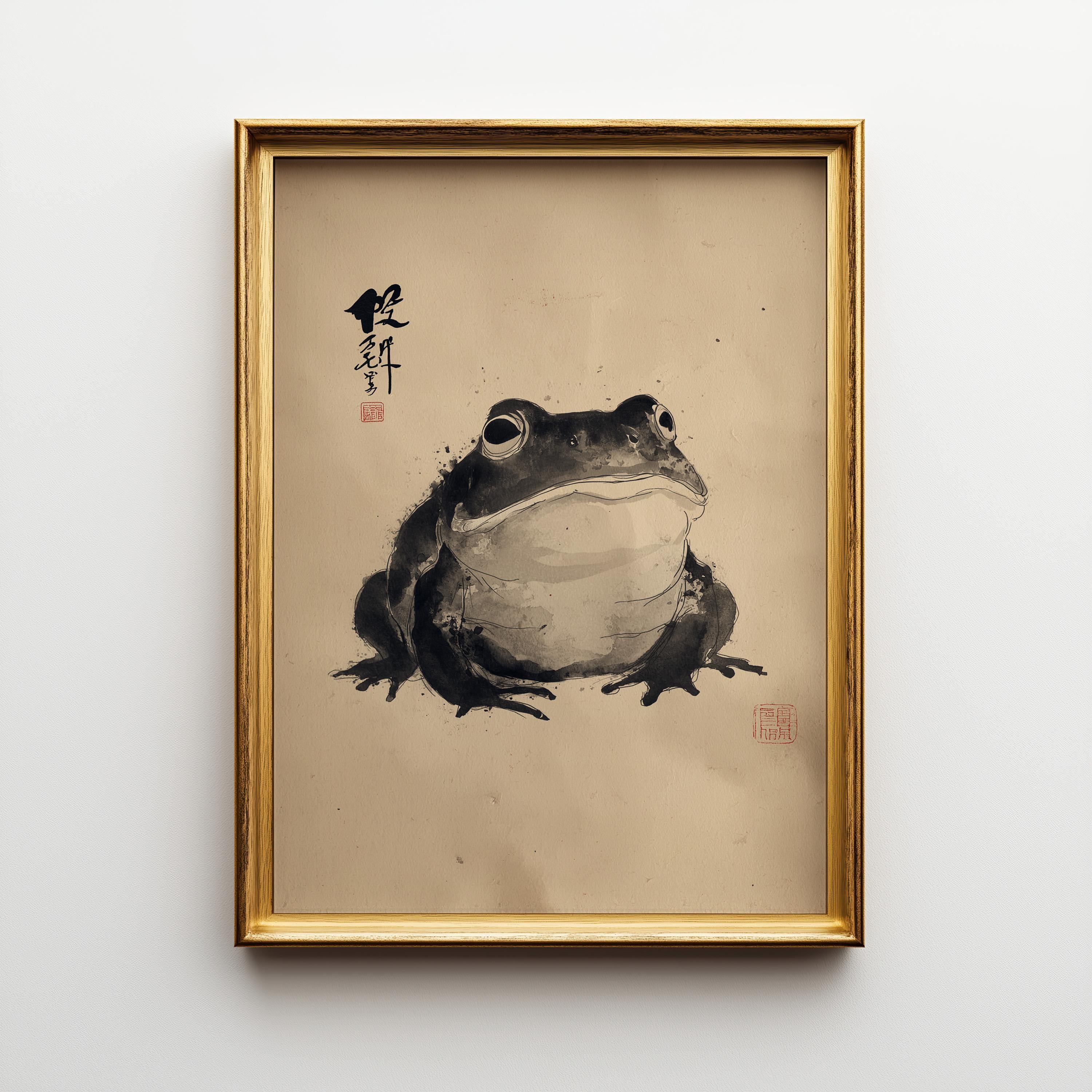 Zen Frog Ink Japanese Sumi-e Black and White Wabi-Sabi Wall Art by The Wall Art Studio