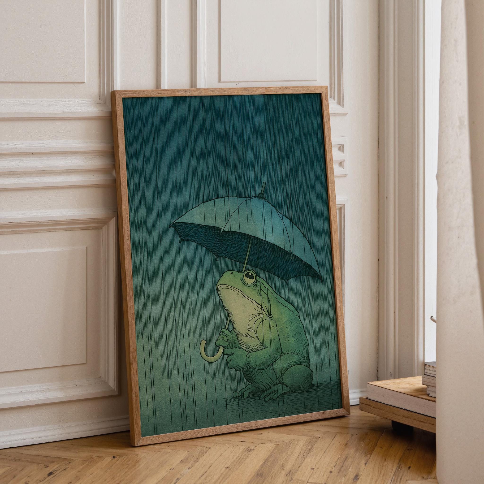 Frog With Umbrella Wall Art Japanese Style Moody Rain Wall Art by The Wall Art Studio