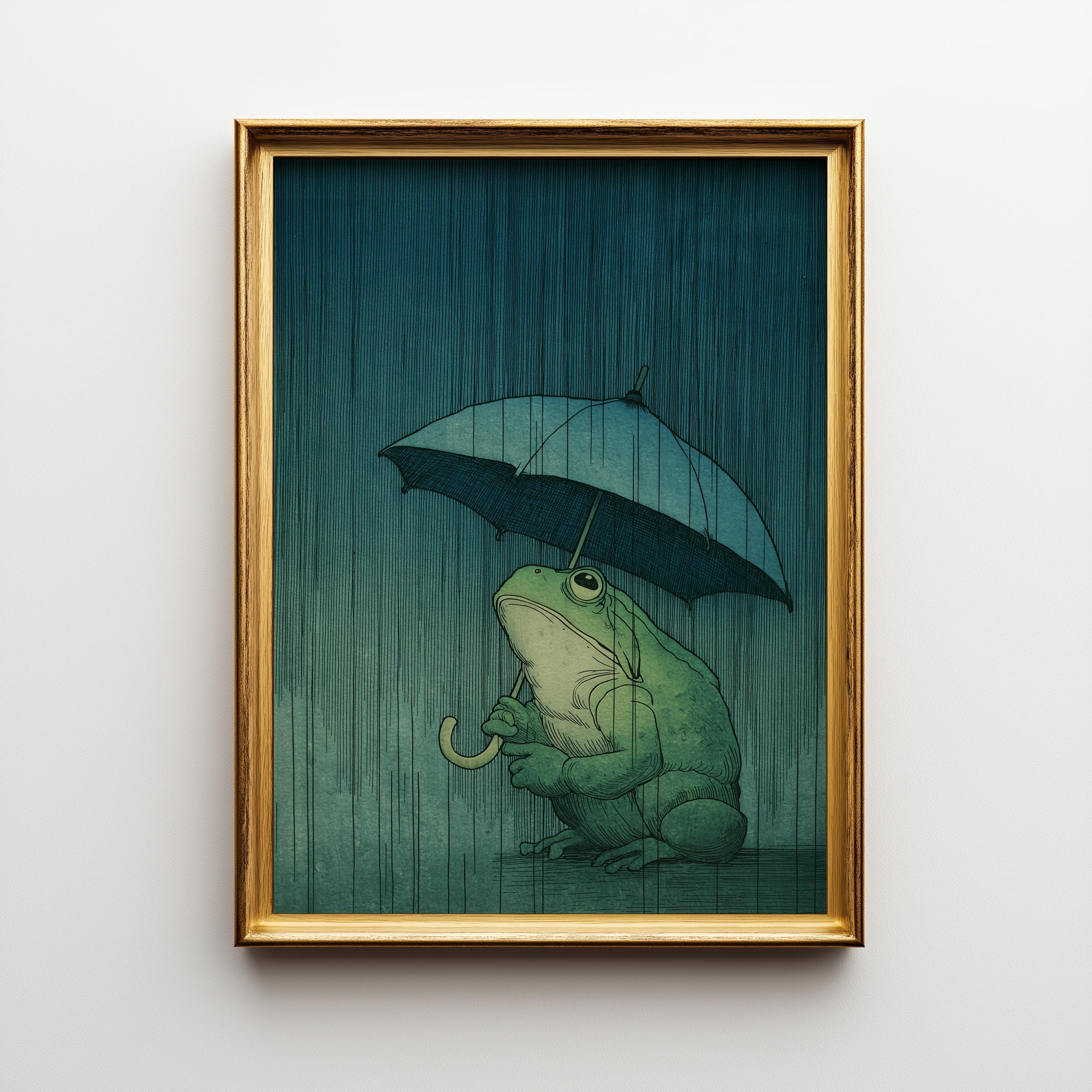 Frog With Umbrella Wall Art Japanese Style Moody Rain Wall Art by The Wall Art Studio