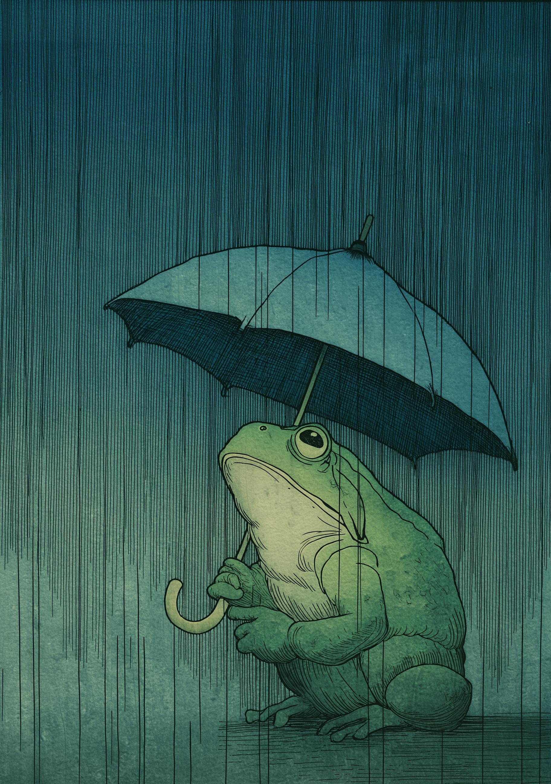 Frog With Umbrella Wall Art Japanese Style Moody Rain Wall Art by The Wall Art Studio