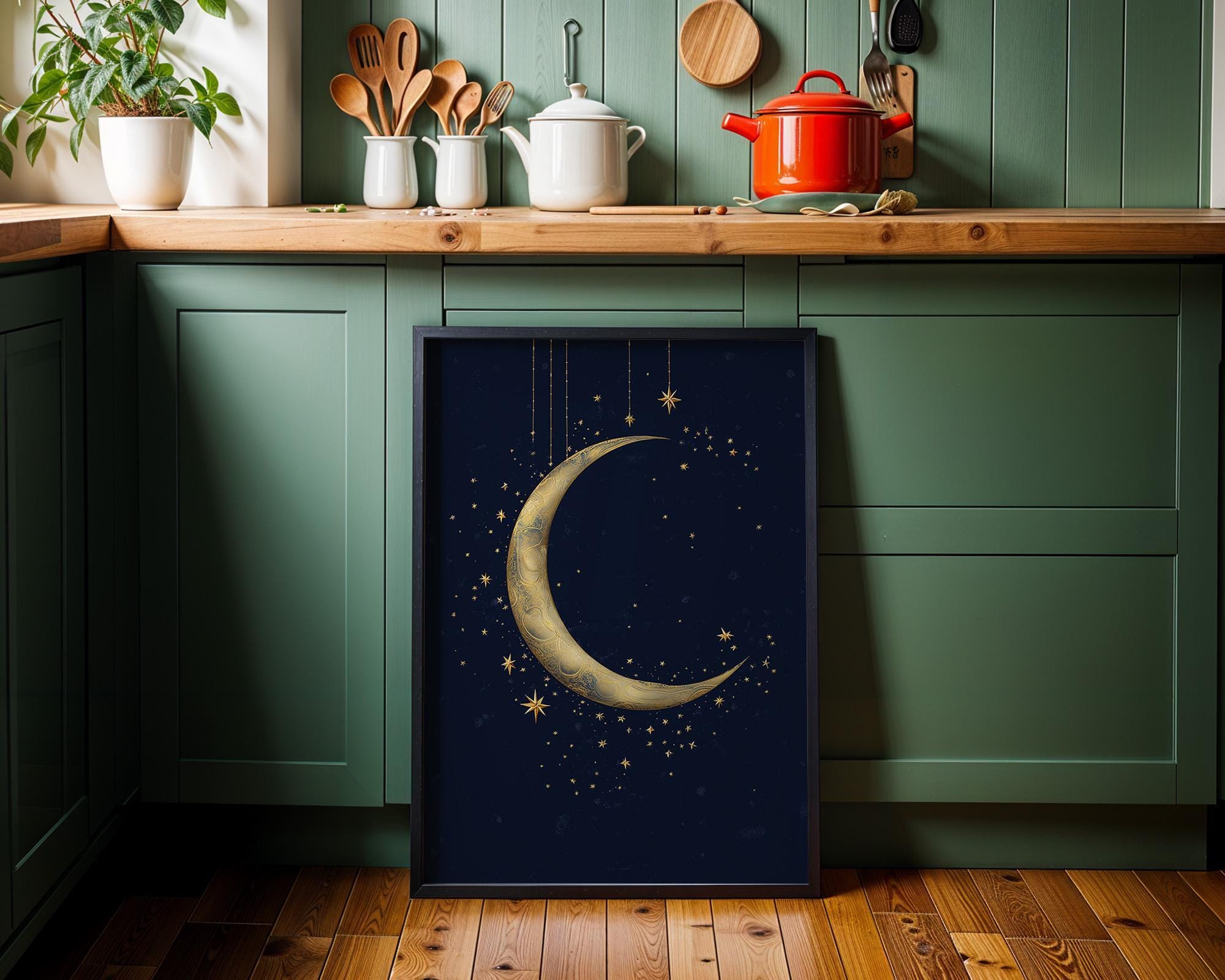 Islamic Crescent Moon Ramadan Decor Gold Starry Night Celestial Wall Art by The Wall Art Studio