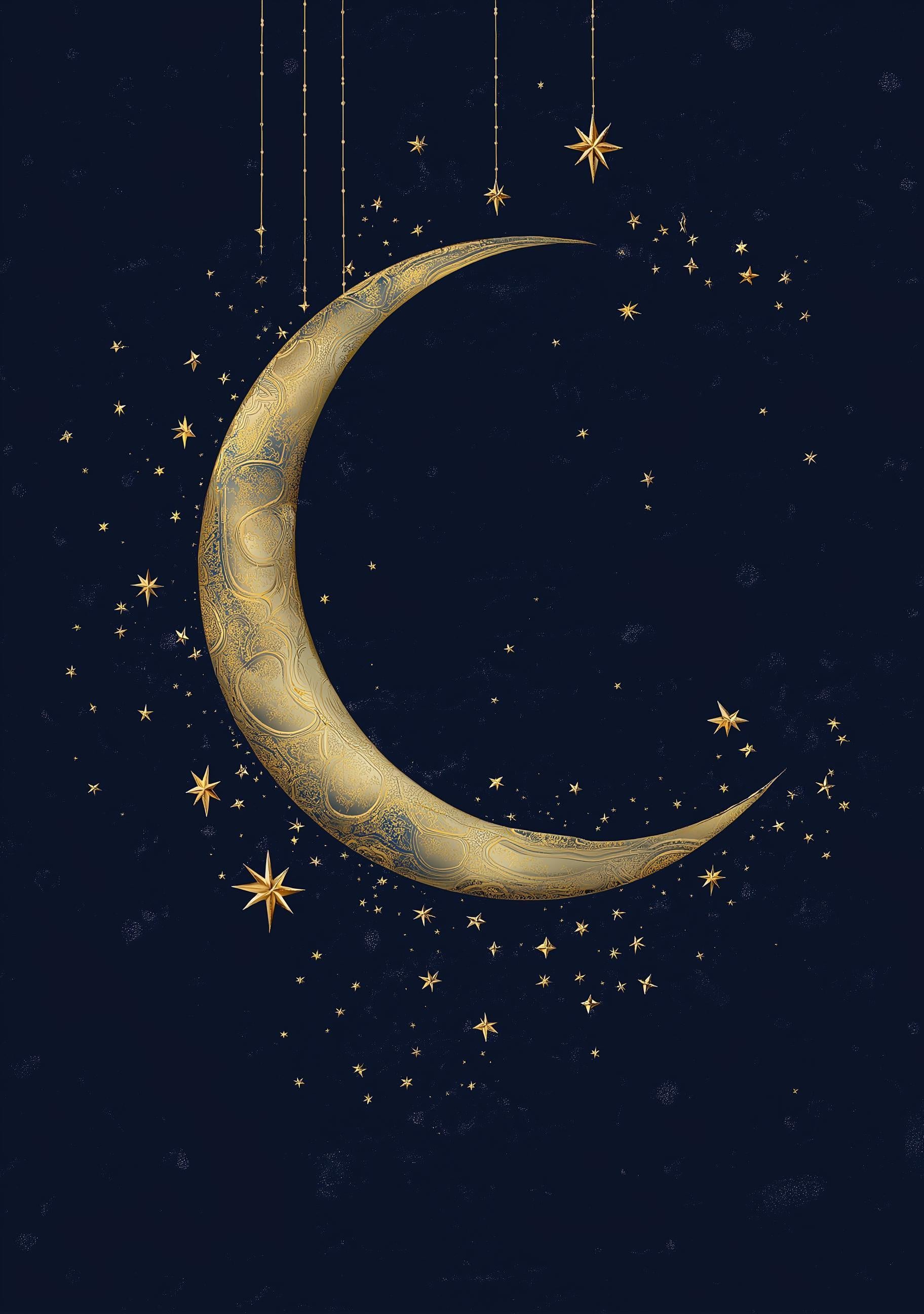Islamic Crescent Moon Ramadan Decor Gold Starry Night Celestial Wall Art by The Wall Art Studio
