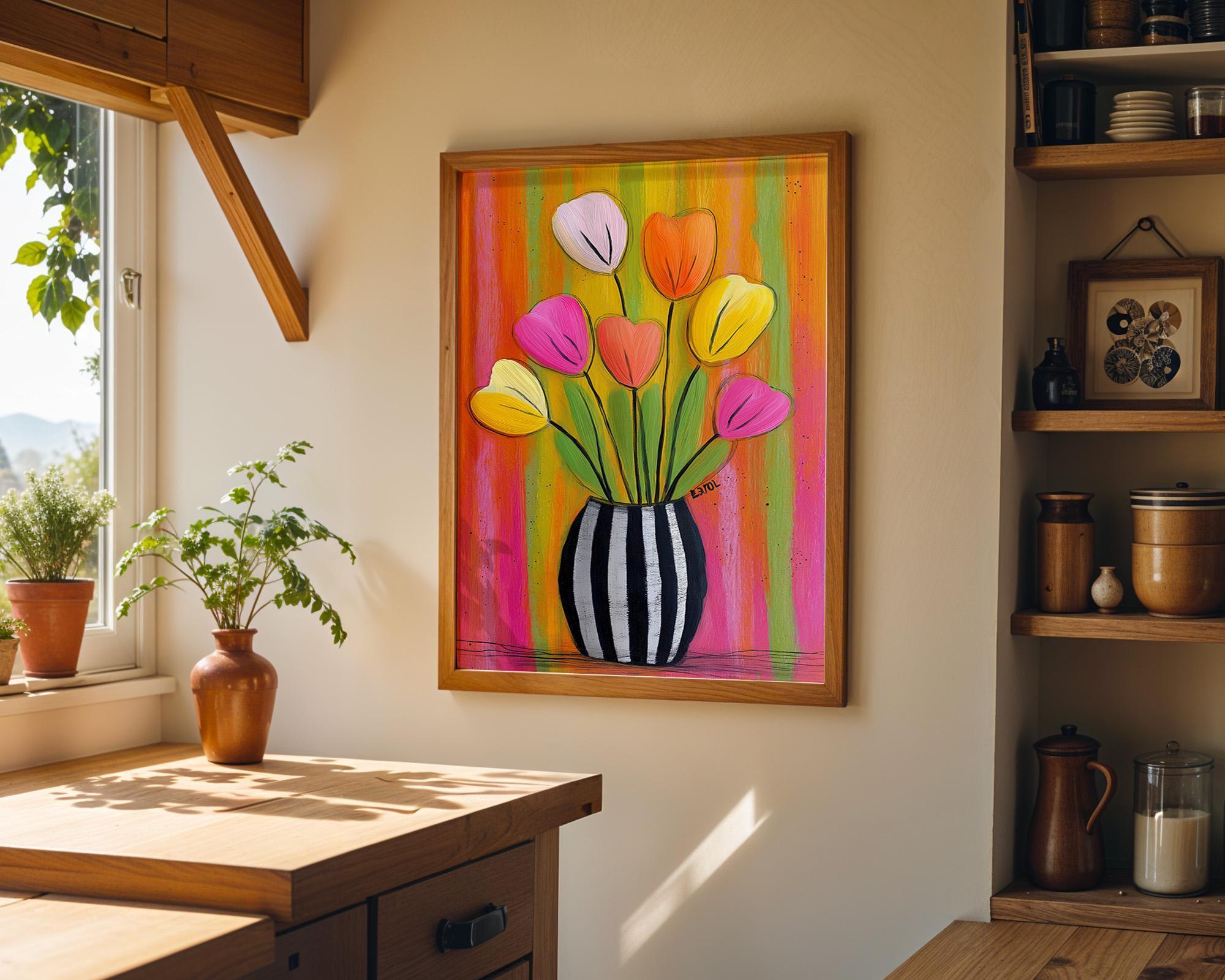 Colorful Tulip Striped Vase Maximalist Floral Wall Art