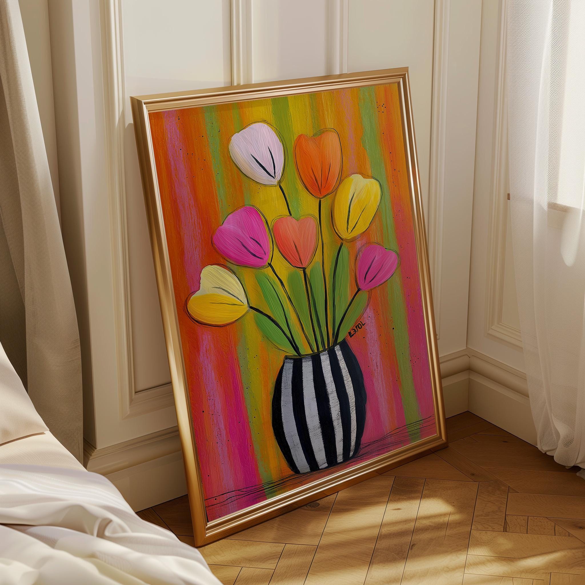 Colorful Tulip Striped Vase Maximalist Floral Wall Art