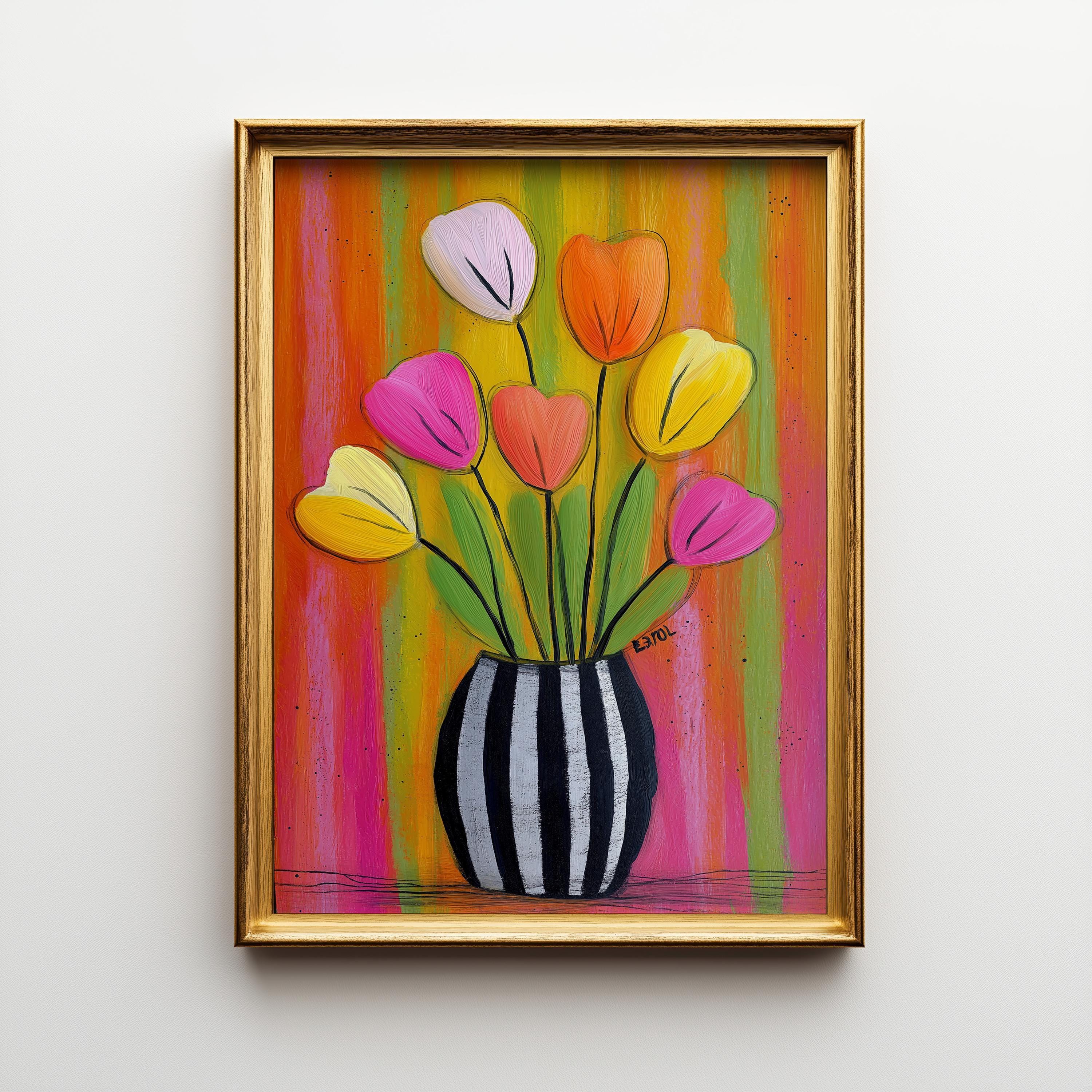 Colorful Tulip Striped Vase Maximalist Floral Wall Art