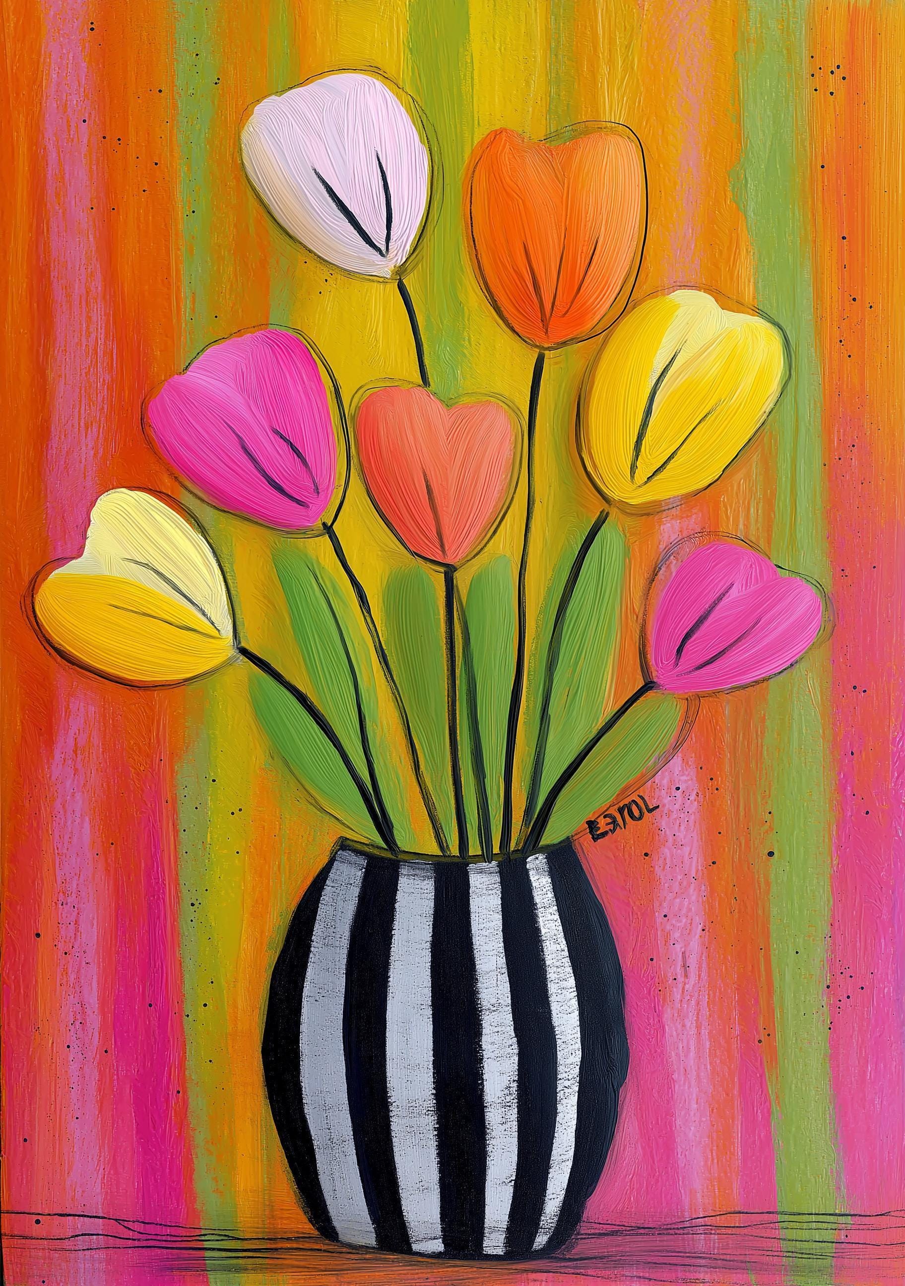 Colorful Tulip Striped Vase Maximalist Floral Wall Art