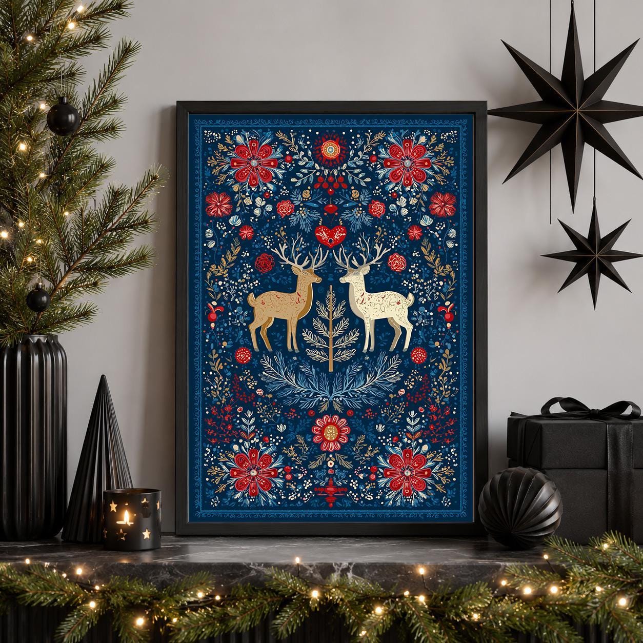 Scandinavian Christmas Nordic Folk Art Reindeer Blue & Red Wall Art by The Wall Art Studio