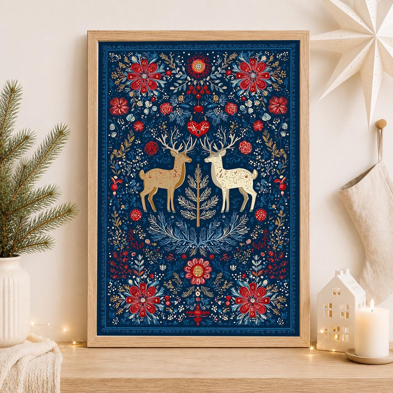 Scandinavian Christmas Nordic Folk Art Reindeer Blue & Red Wall Art by The Wall Art Studio