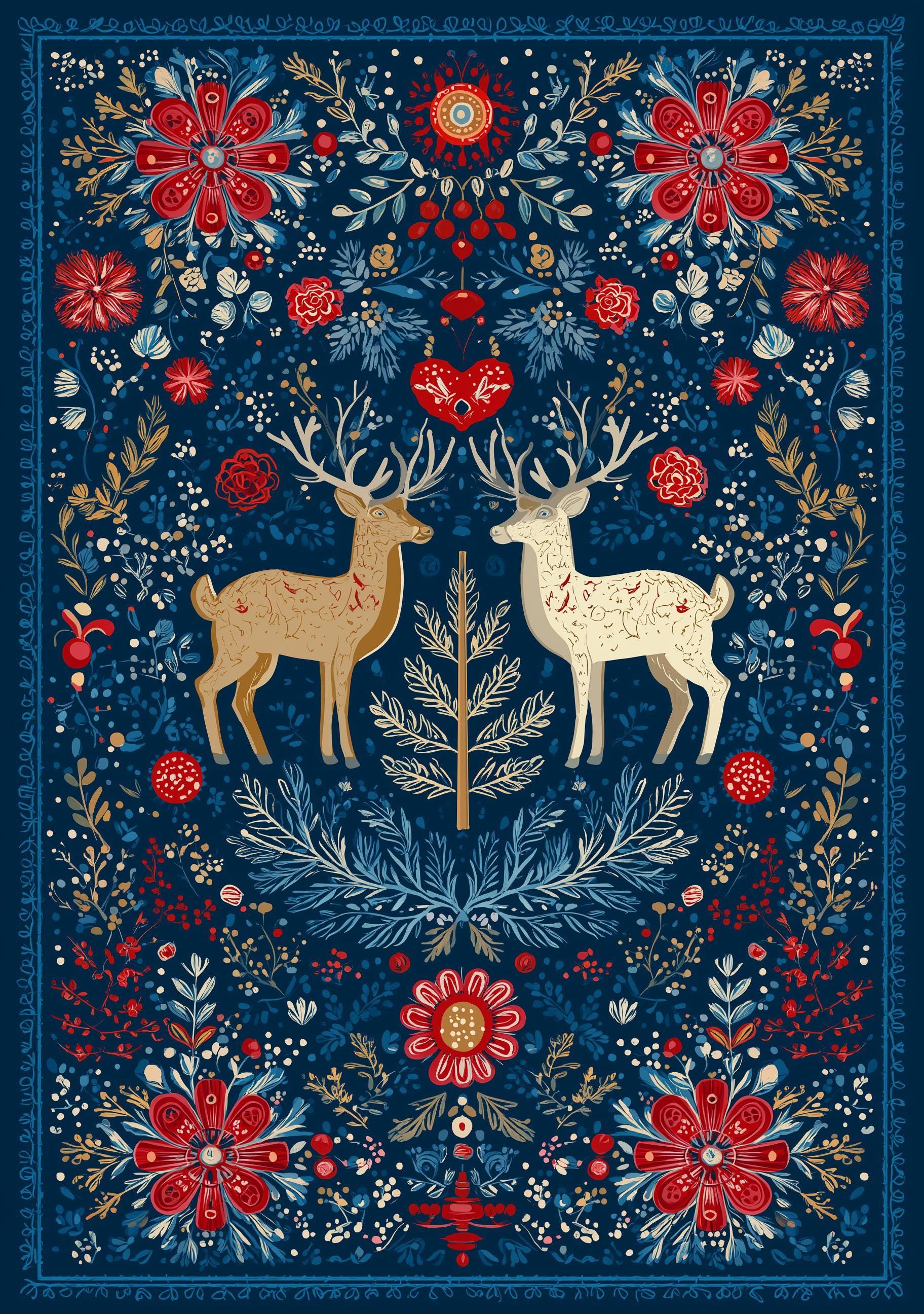 Scandinavian Christmas Nordic Folk Art Reindeer Blue & Red Wall Art by The Wall Art Studio