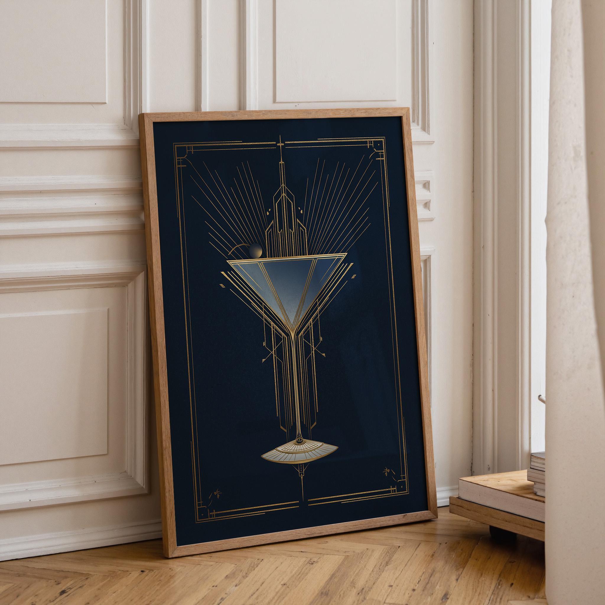 Art Deco Cocktail Wall Art Print, Minimalist Martini Illustration, Blue and Gold Bar Décor