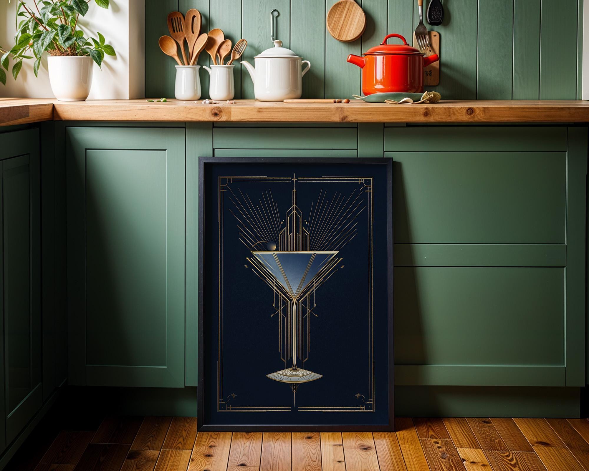Art Deco Cocktail Wall Art Print, Minimalist Martini Illustration, Blue and Gold Bar Décor
