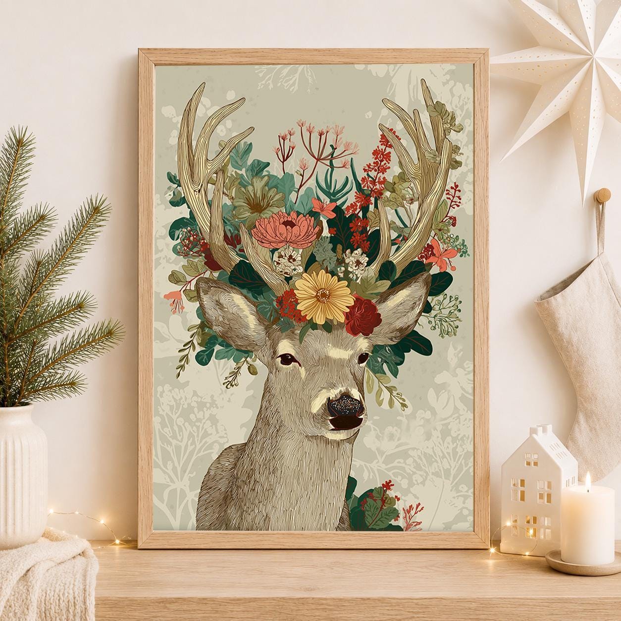 Floral Deer Scandinavian Christmas Wall Art by The Wall Art Studio