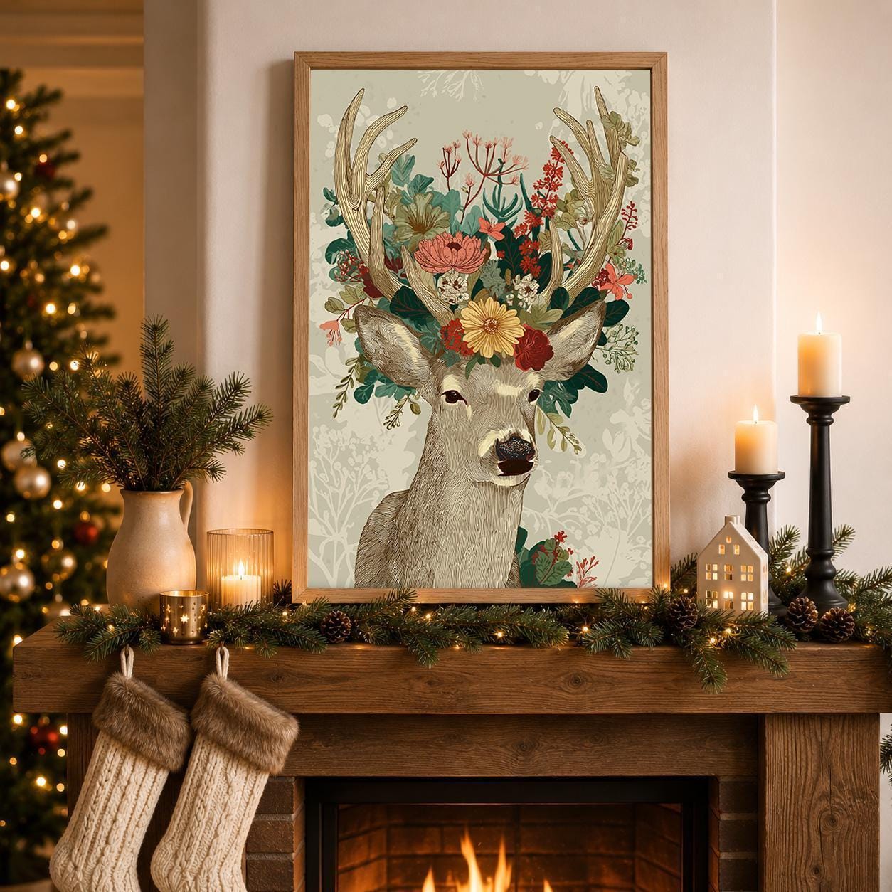 Floral Deer Scandinavian Christmas Wall Art by The Wall Art Studio