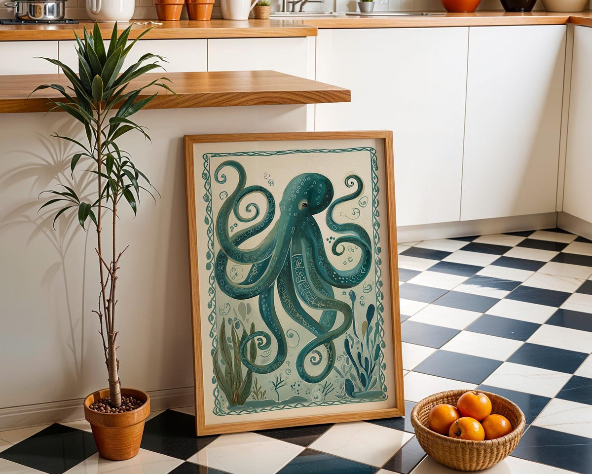 Teal Octopus Coastal Ocean Nautical Sea Life Wall Art
