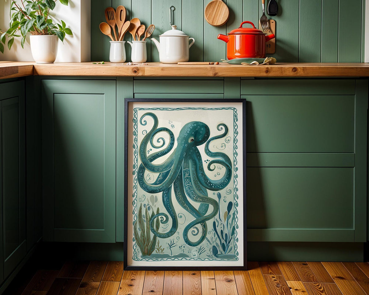 Teal Octopus Coastal Ocean Nautical Sea Life Wall Art