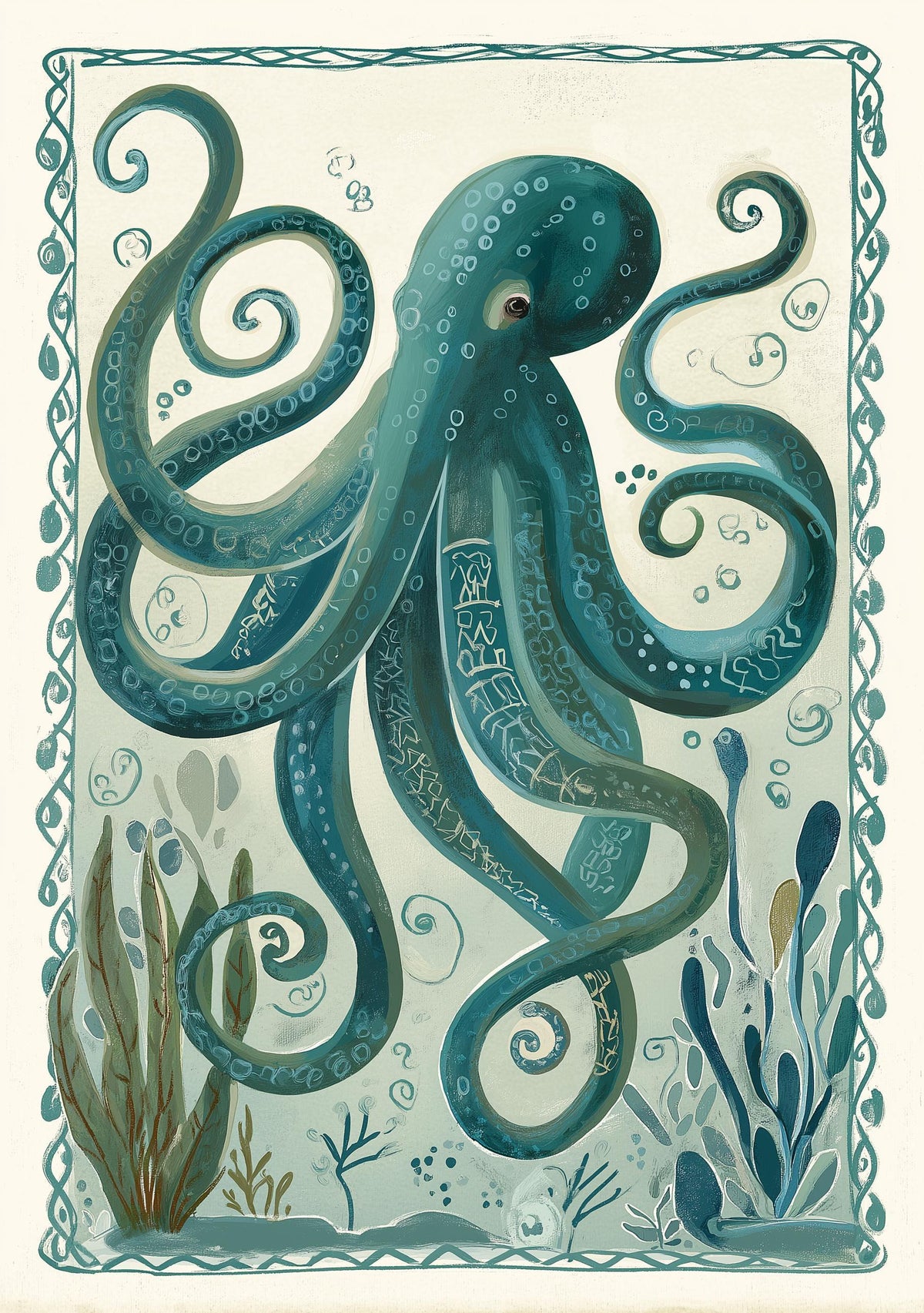 Teal Octopus Coastal Ocean Nautical Sea Life Wall Art