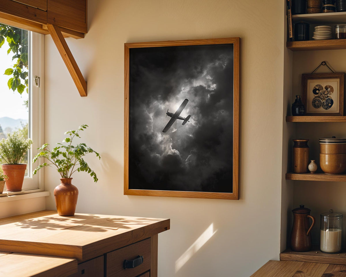 Black and White Airplane Moody Aviation Dramatic Storm Sky Wall Art