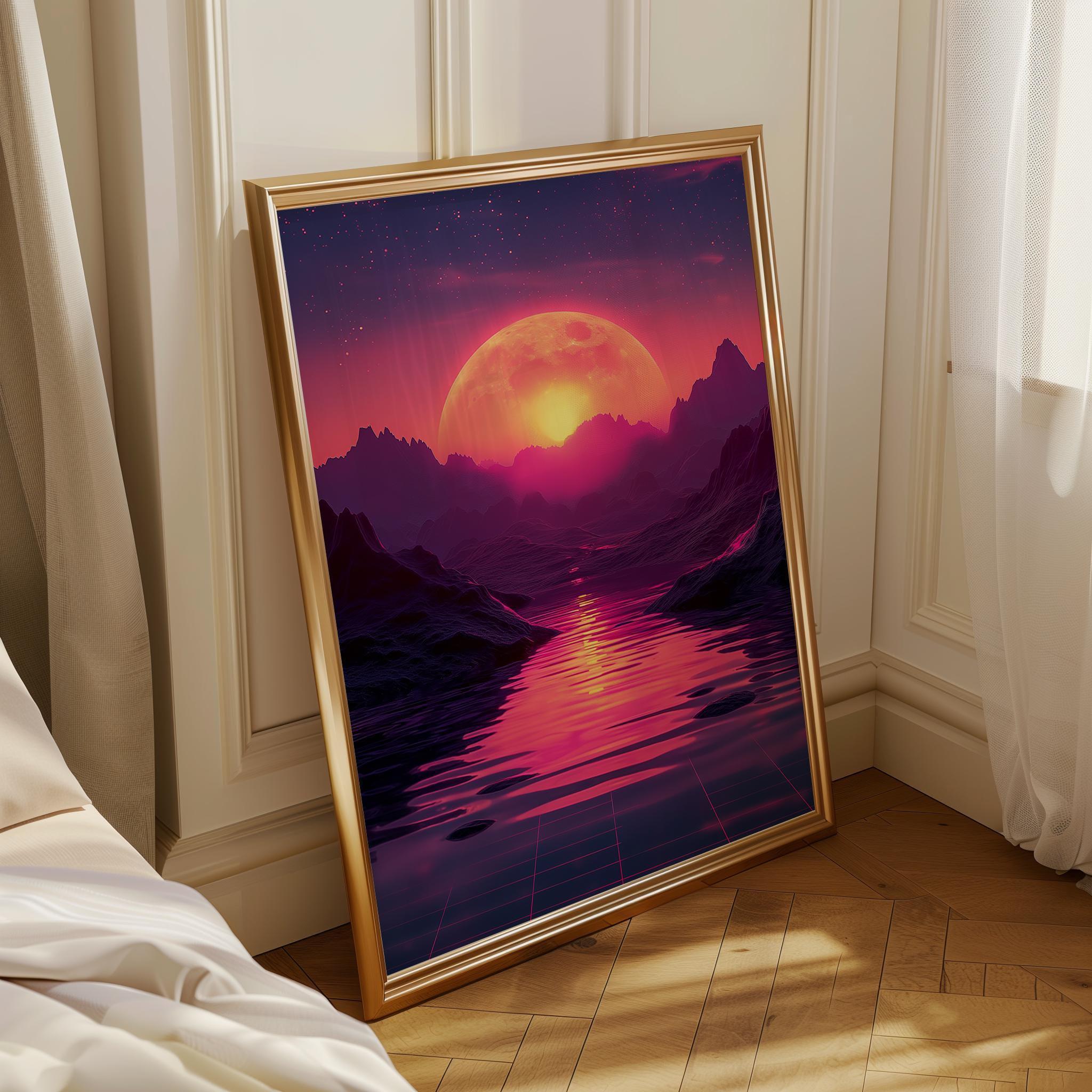 1980s Synthwave Sunset Mountain Wall Art by The Wall Art Studio