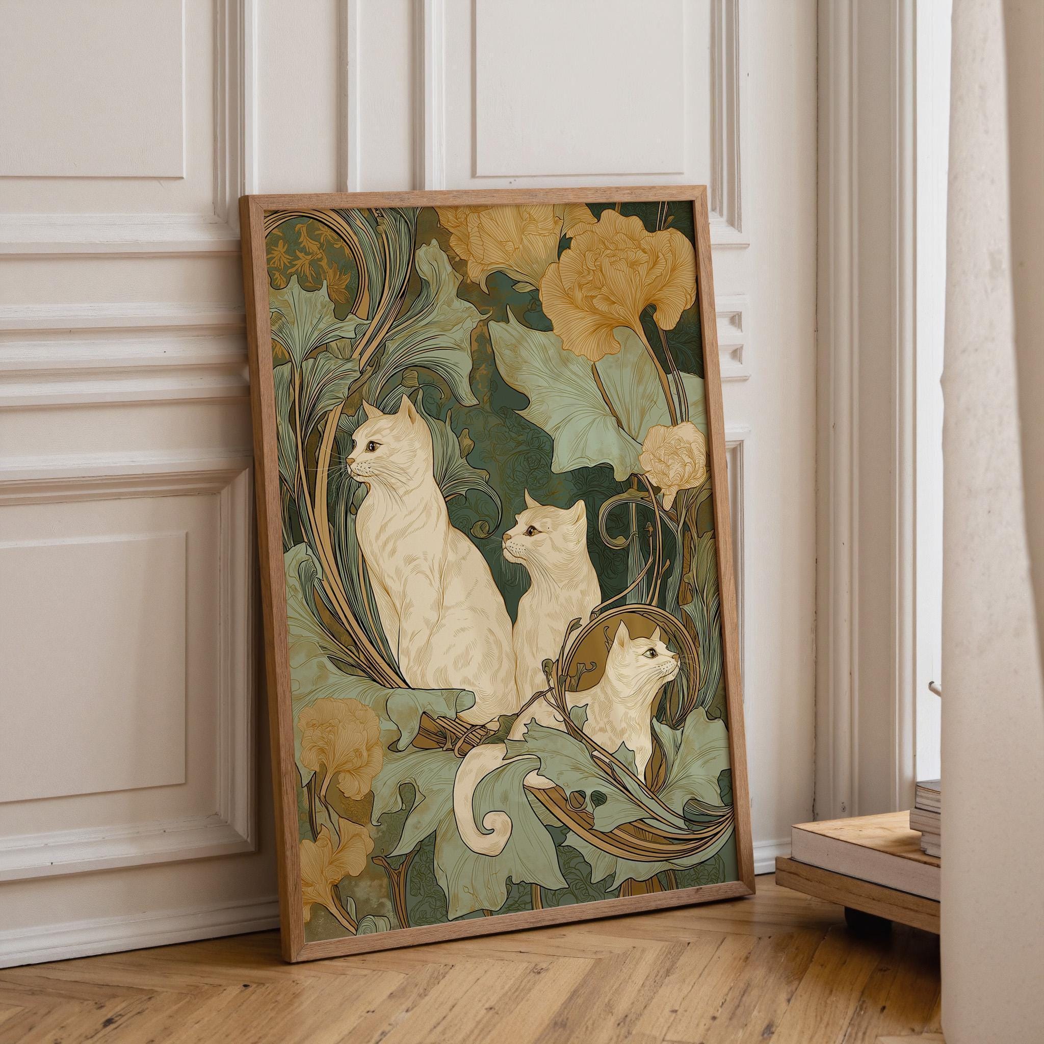Art Nouveau Cat Botanical Feline William Morris Style Wall Art