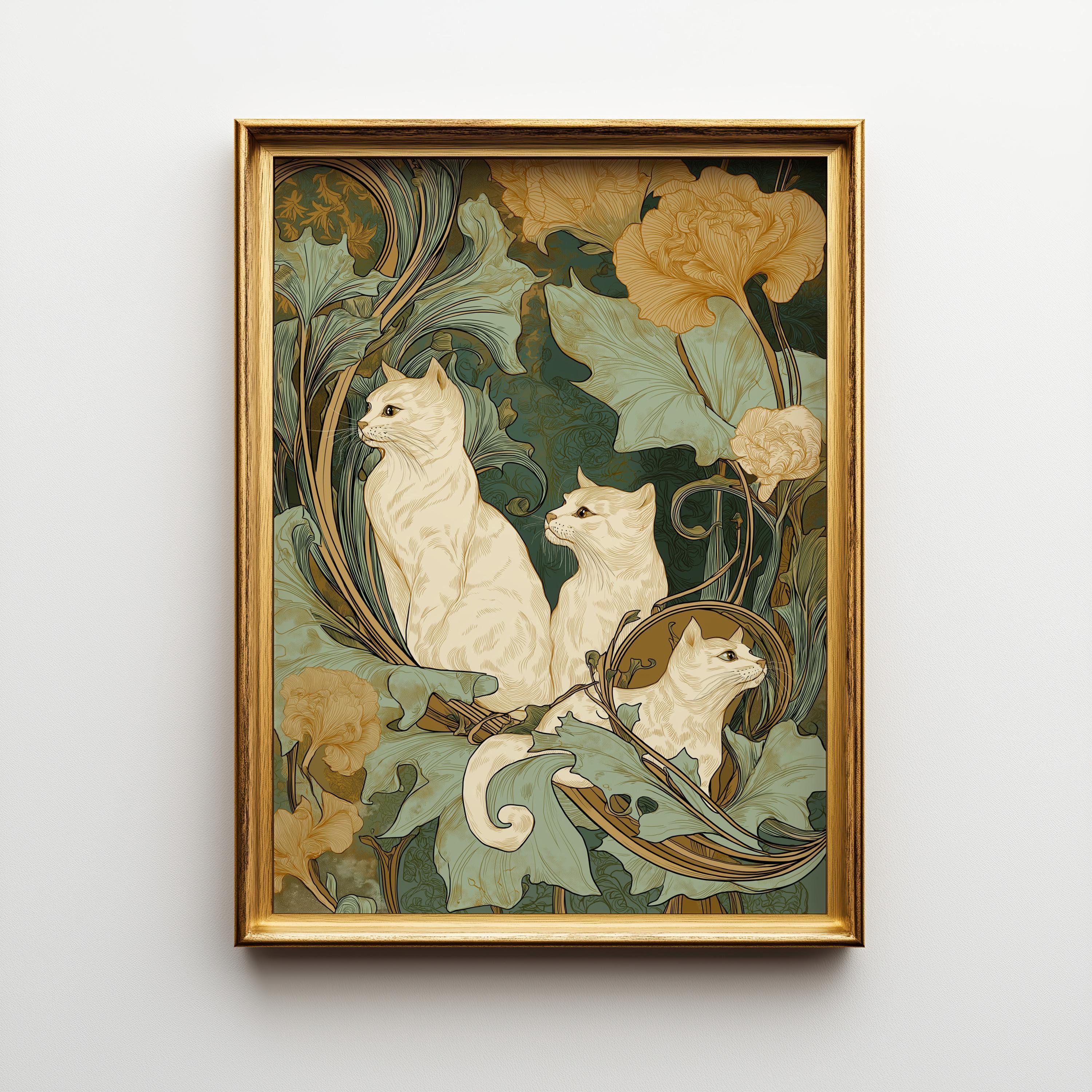 Art Nouveau Cat Botanical Feline William Morris Style Wall Art