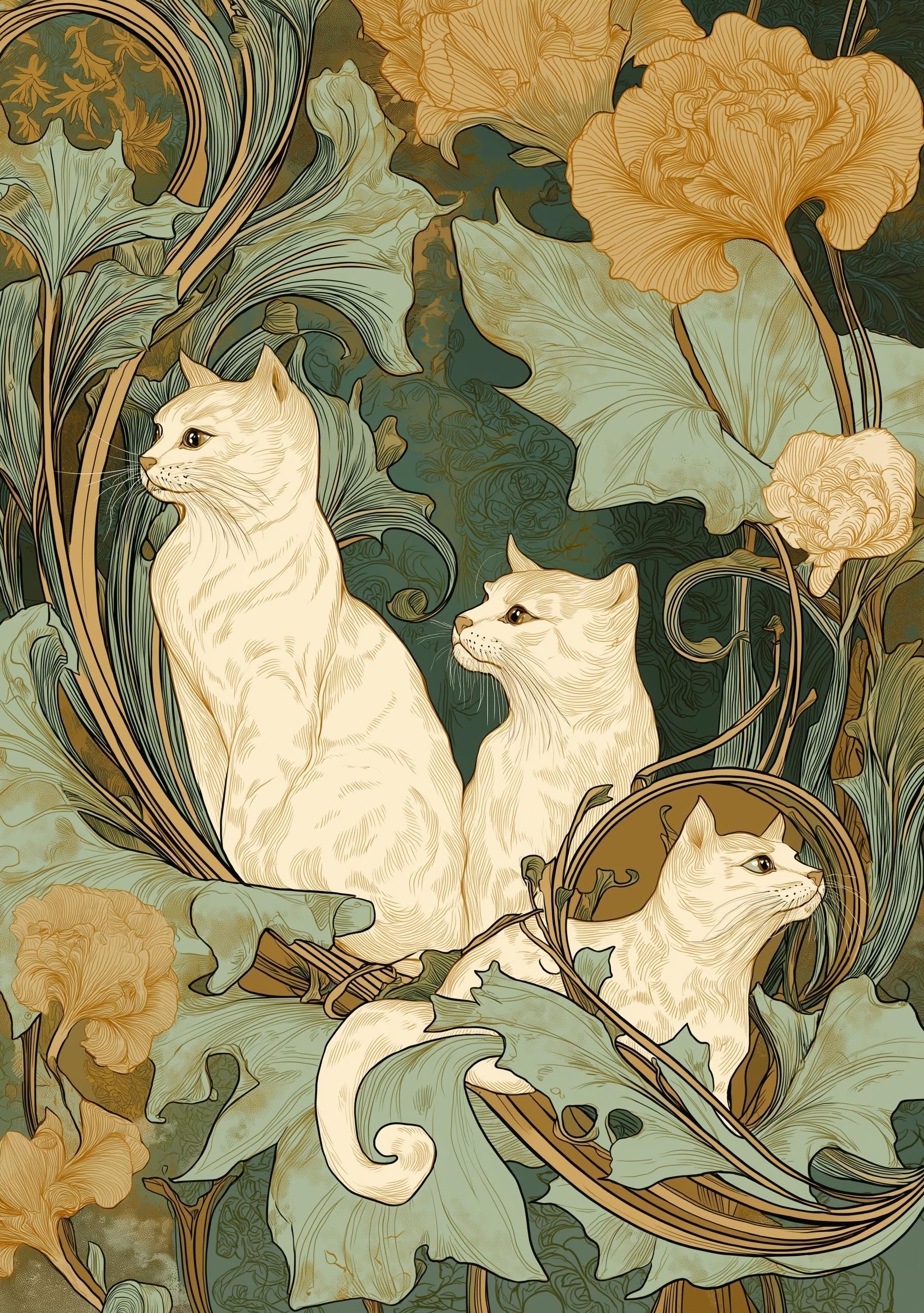 Art Nouveau Cat Botanical Feline William Morris Style Wall Art
